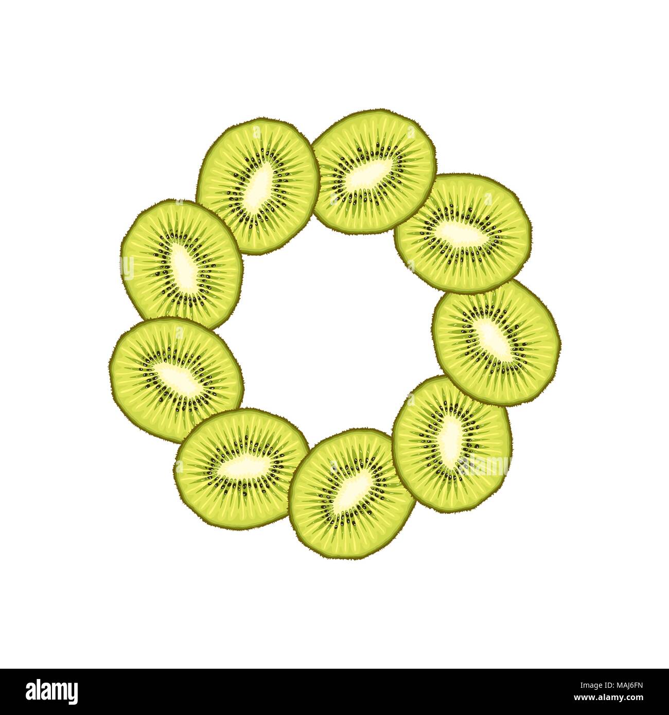 Vector illustration of round frame of kiwi slice. Card, template with kiwi fruit slice. Tropical invitation flyer, bunner with kiwi Stock Vector