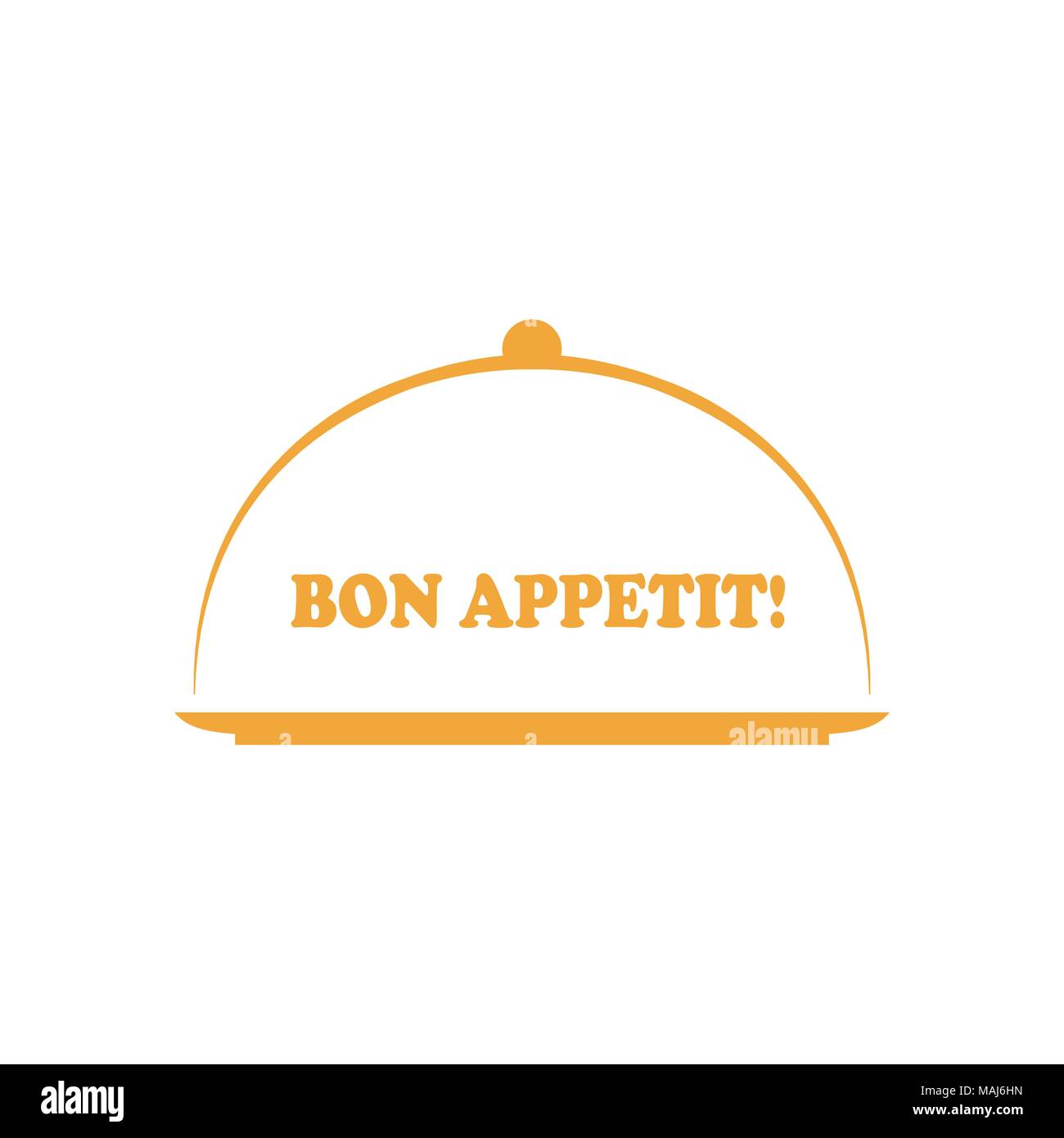 Vector lettered phrase Bon appetit with platter. Concept of yummy dinner or catering.  Menu logo Stock Vector