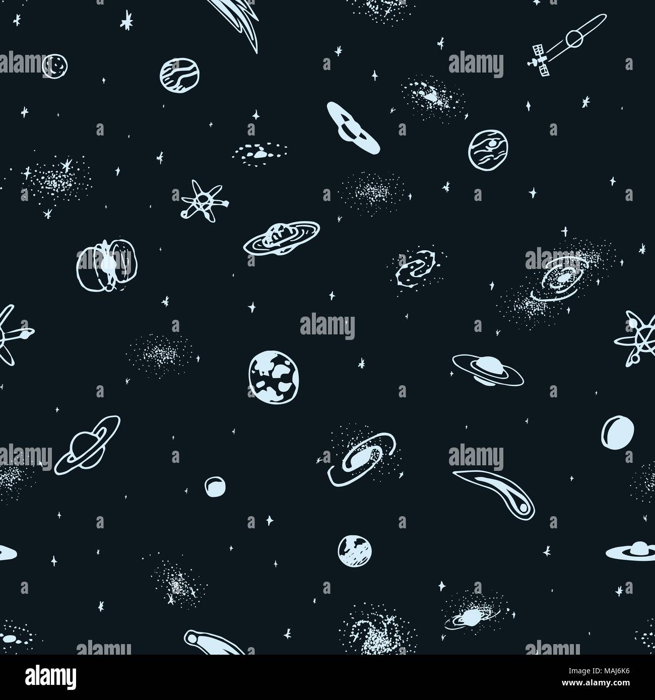 Vector seamless pattern of hand drawn doodle space object. Astro background Stock Vector