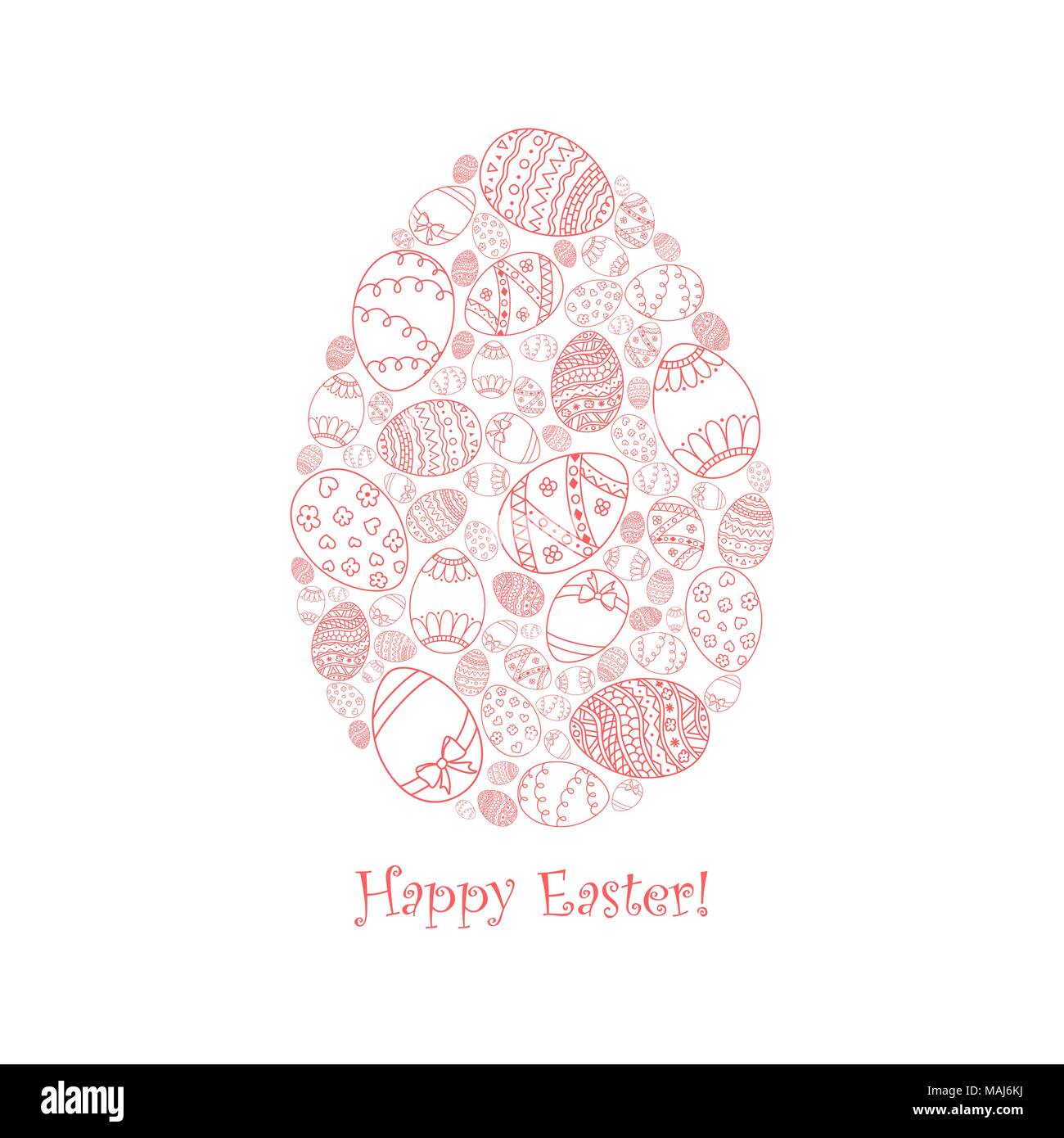 Vector easter invitation card of egg shape from red doodle Easter  egg with Happy Easter text lettering. Stock Vector