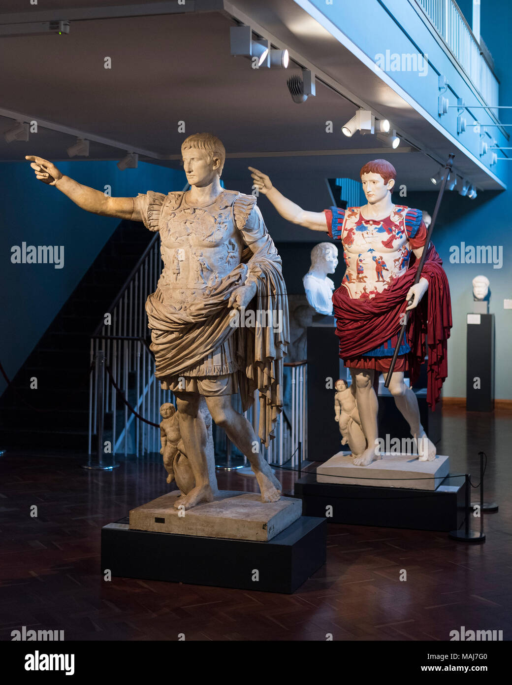 Oxford. England. Painted plaster cast copy of the statue of Roman Emperor Augustus of Prima Porta. Ashmolean Museum.  In this reconstruction, the orig Stock Photo