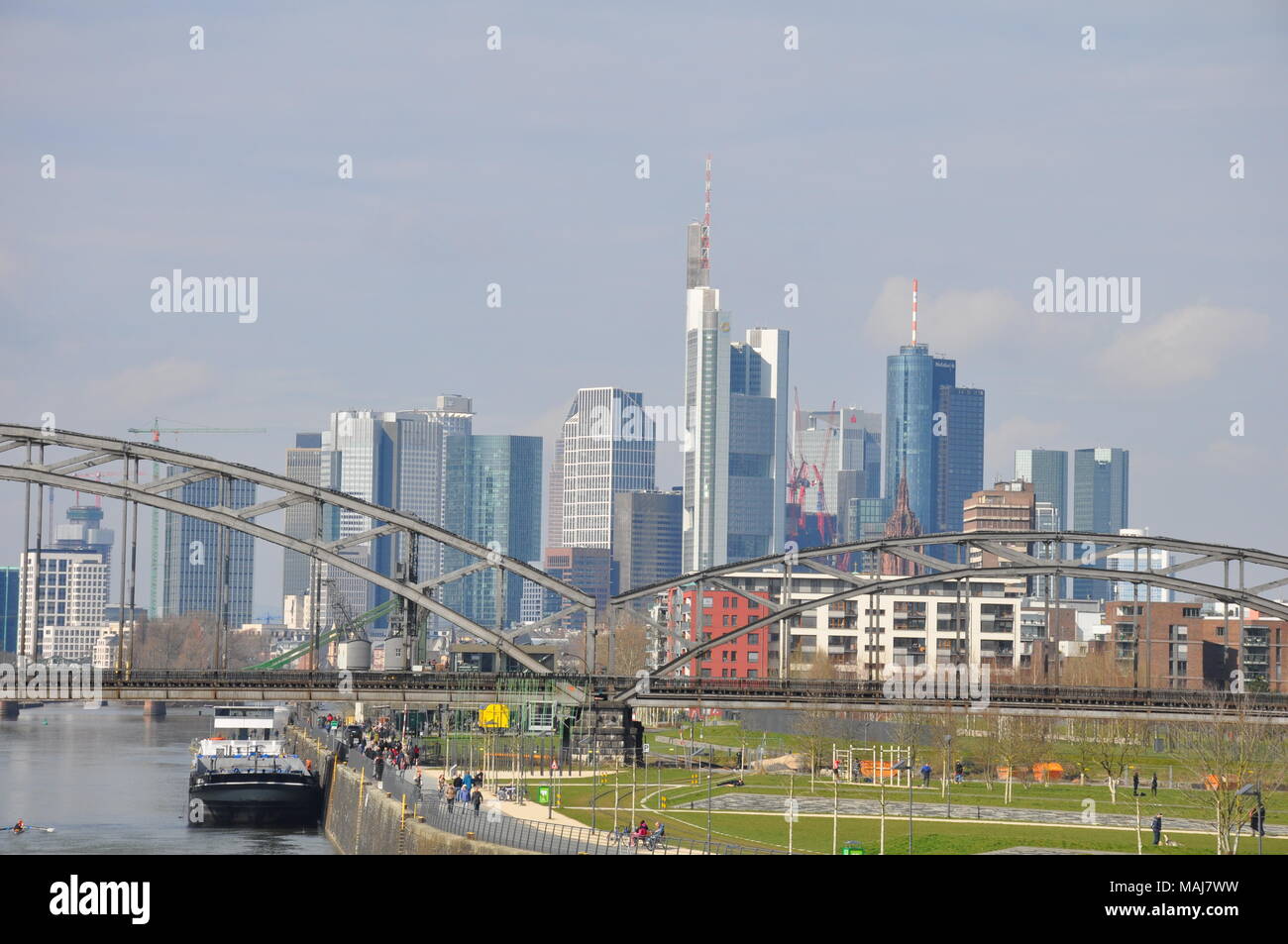 Skyline of Frankfurt during good weather, Hessen, Germany Stock Photo