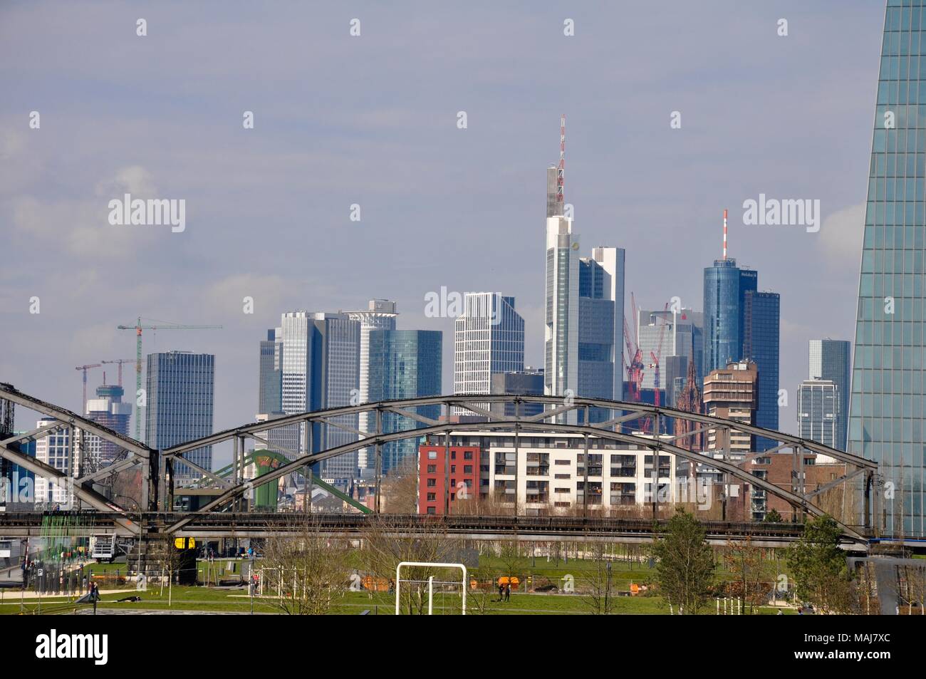Skyline of Frankfurt during good weather, Hessen, Germany Stock Photo
