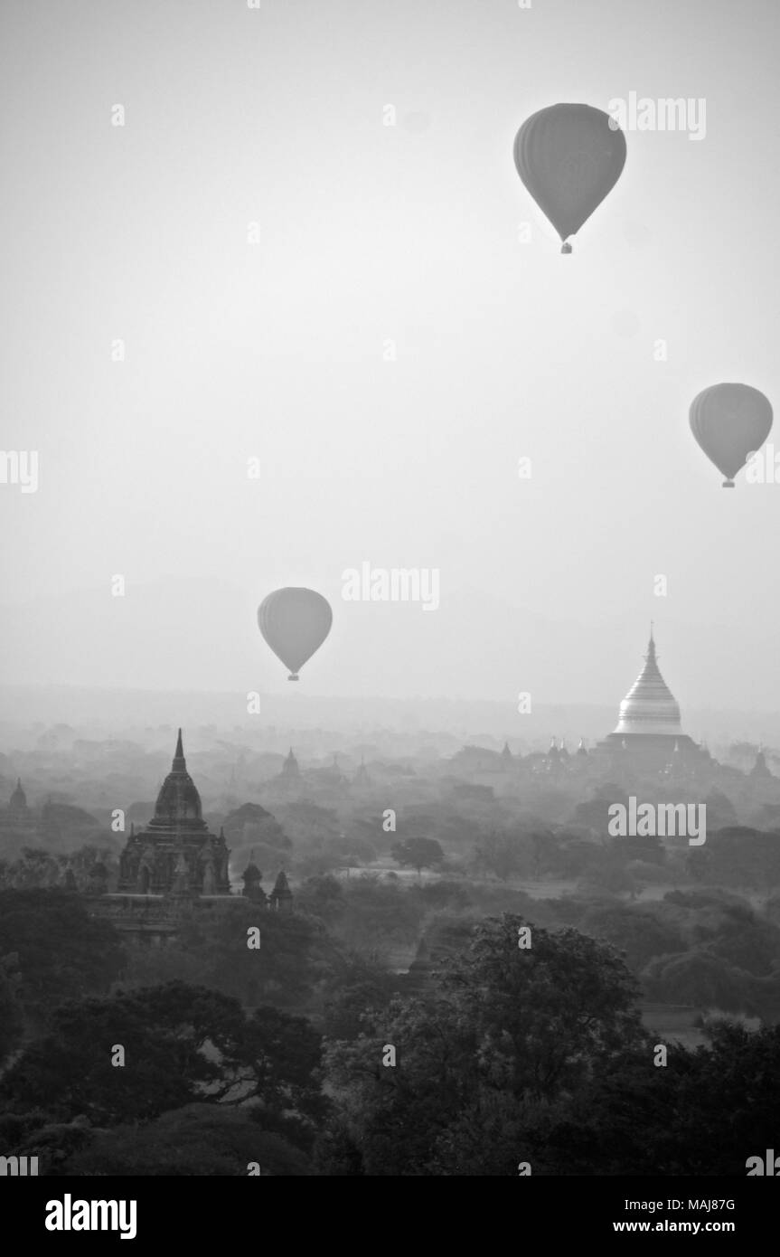 Black and white sunrise in Bagan, Myanmar Stock Photo