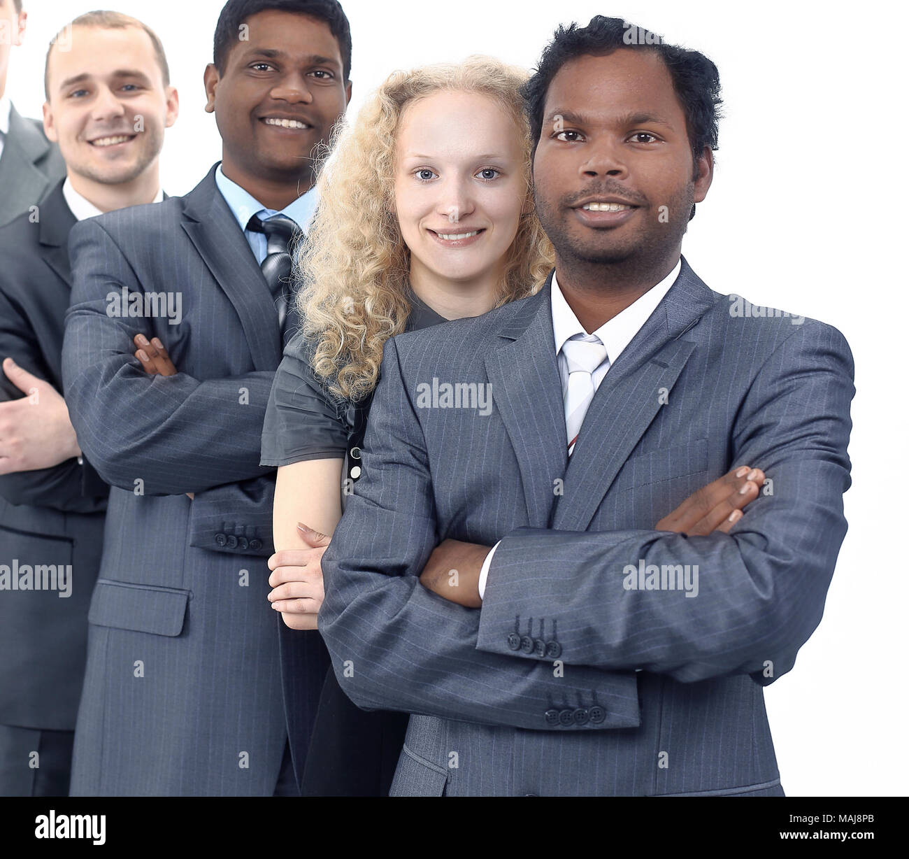 Portrait of a woman and man office workers smiling Stock Photo - Alamy