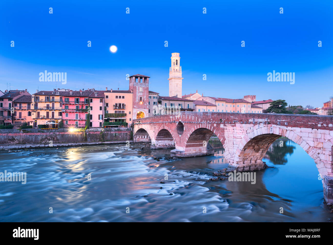 Pietra bridge on Verona city at dusk, Europe, Italy, Veneto, Verona Stock Photo