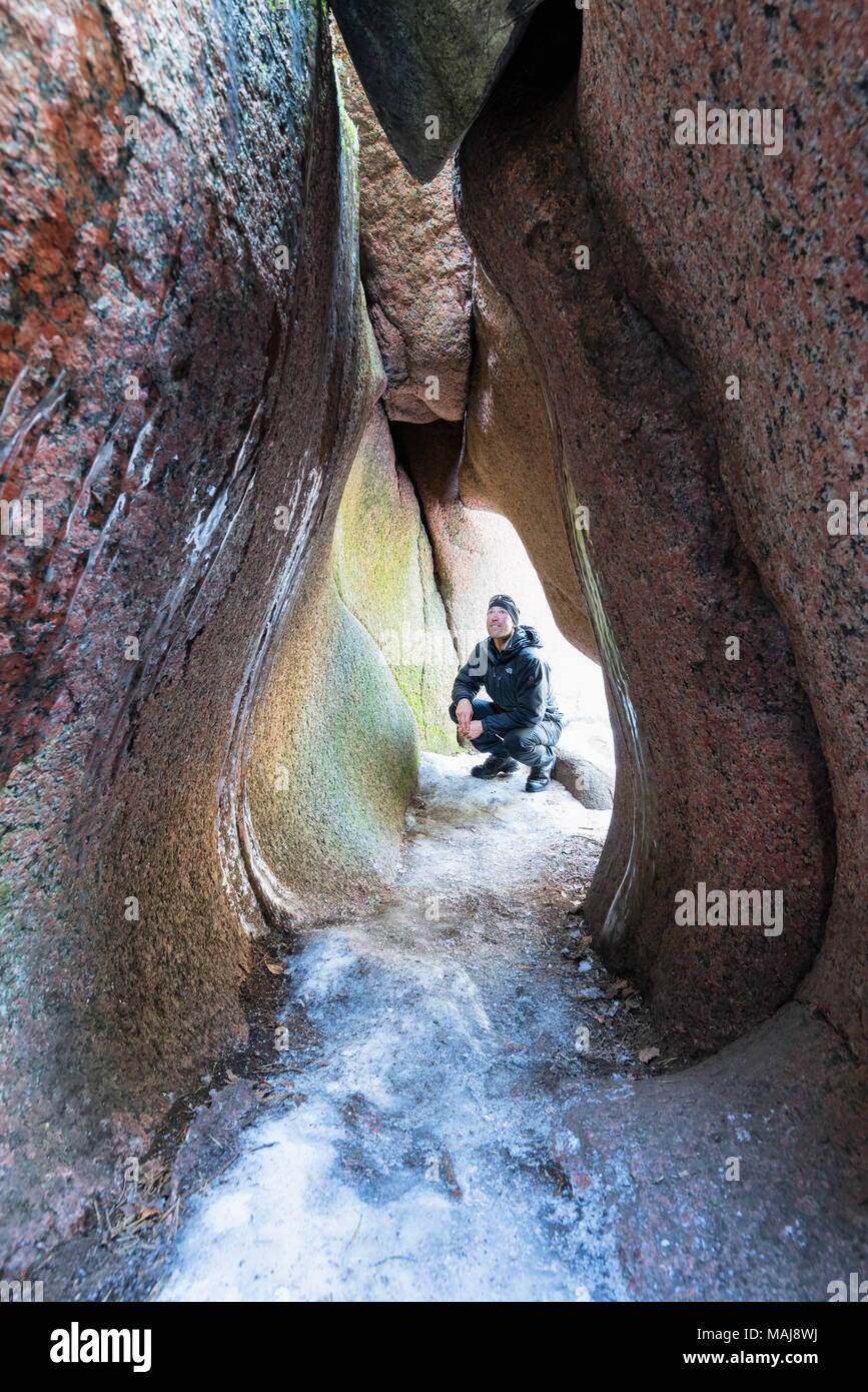 Inside the Högberget flow erosion cave in Kirkkonummi, Finland Stock Photo