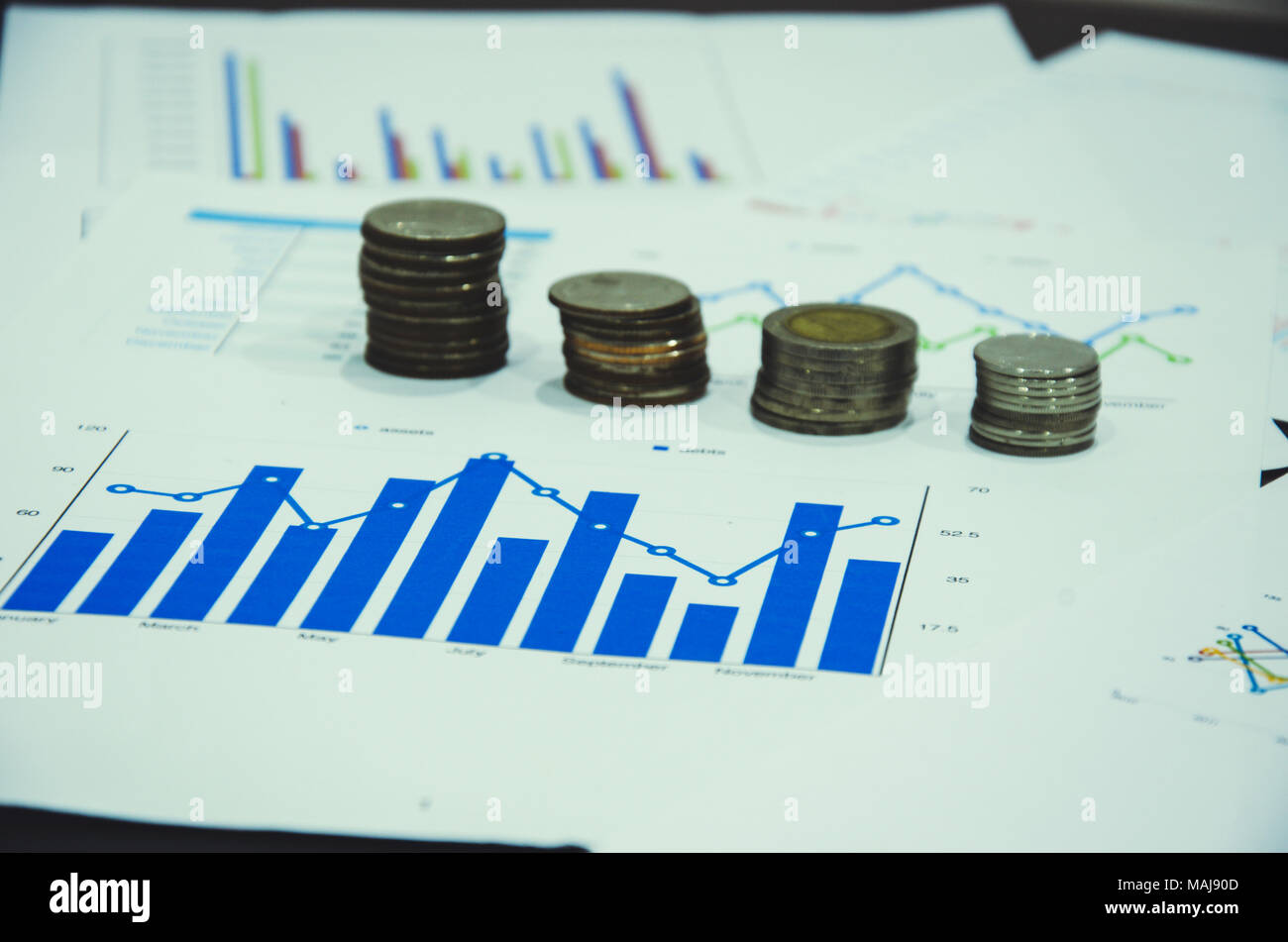 Business workplace with papers for financial planning. Stock Photo