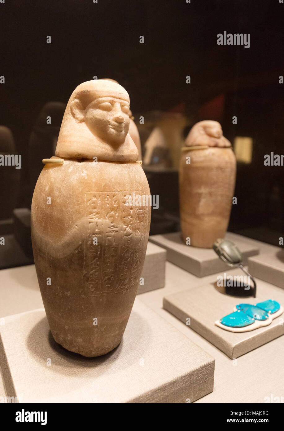 Ancient Egyptian canopic jars from the Late Period, Dynasties 26-30, 664-332BC, Houston Museum of Natural Science, Texas USA Stock Photo