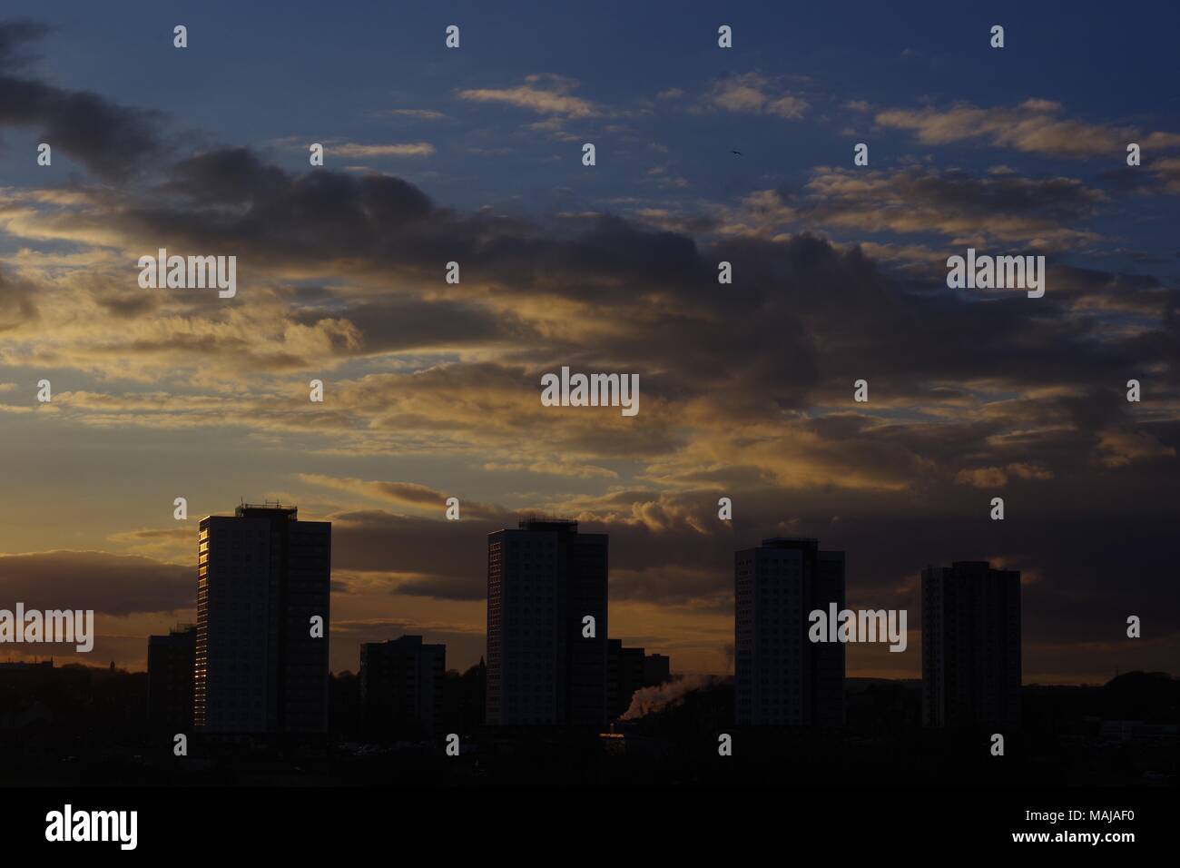 Seaton Crescent Tower Blocks at Sunset. Aberdeen, Scotland, UK. March