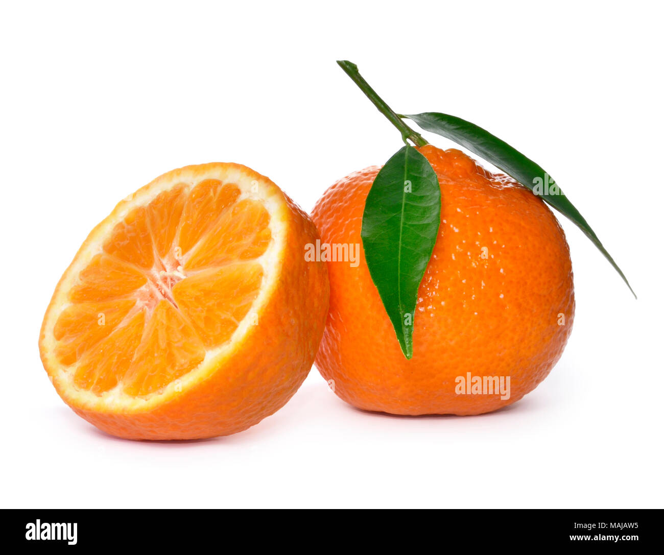 Fresh and juicy oranges with leaf, isolated on white background. Orange