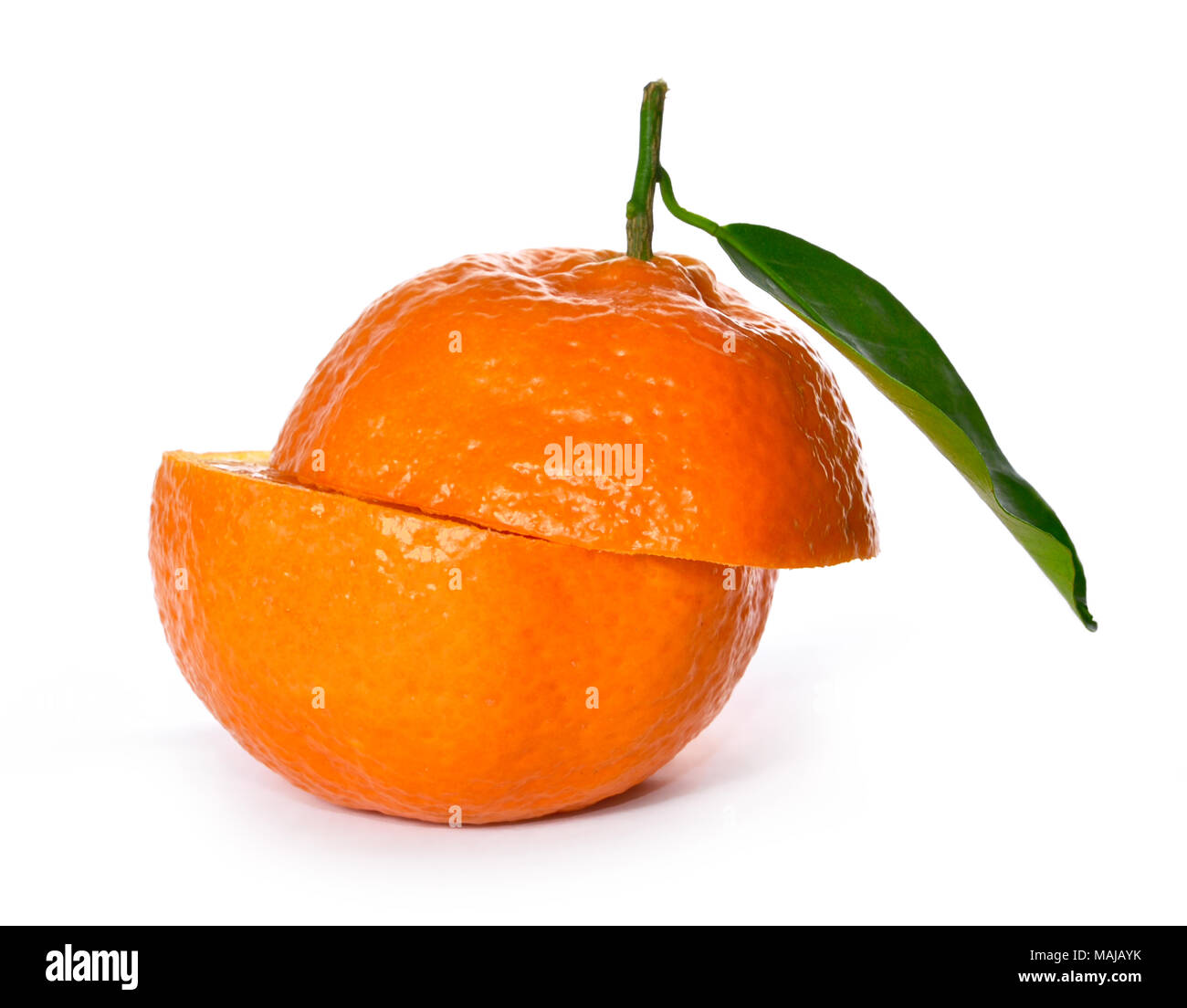 Fresh and juicy oranges with leaf, isolated on white background. Orange fruit, healthy eating