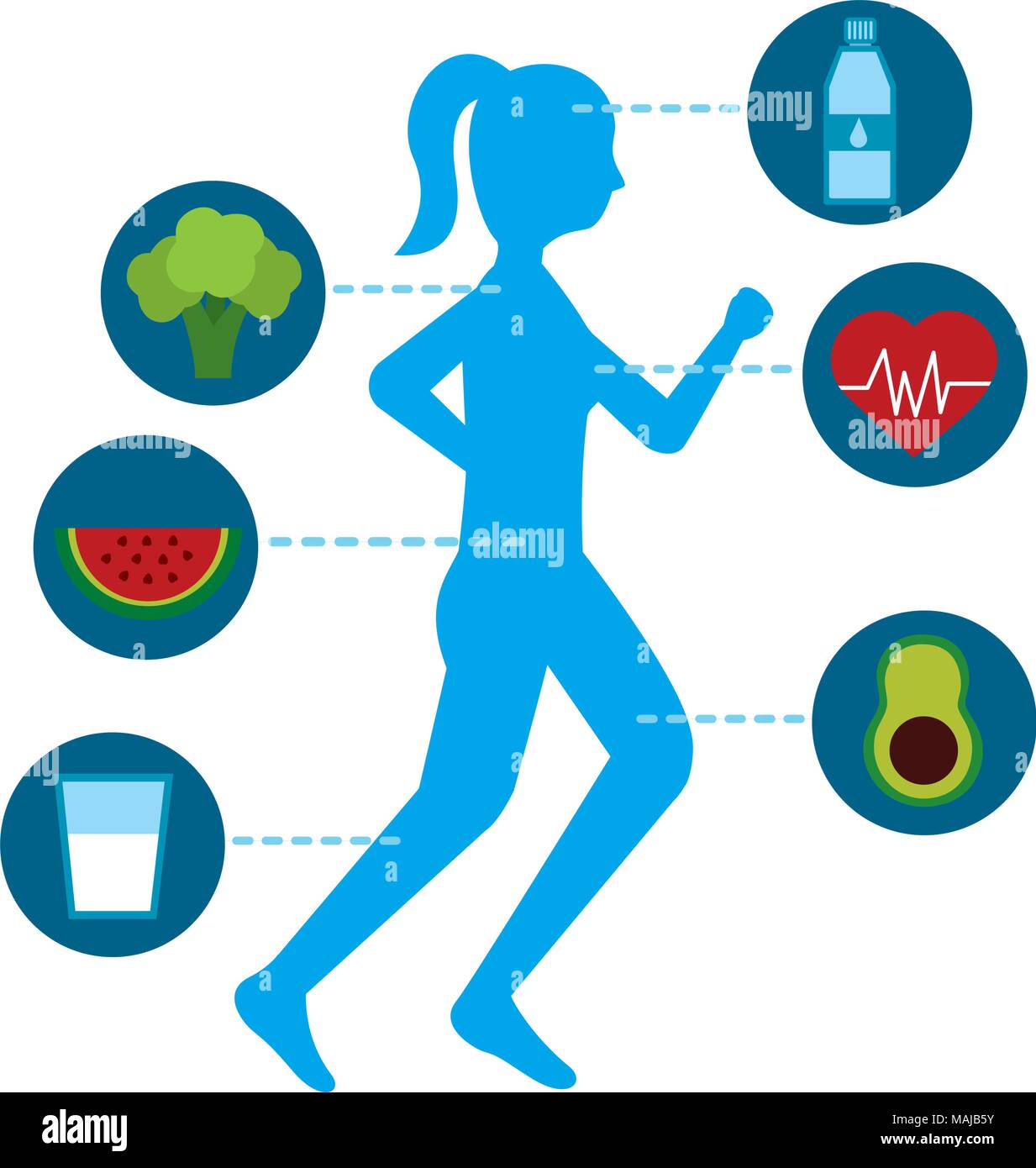 woman running with healthy lifestyle icons vector illustration thin ...