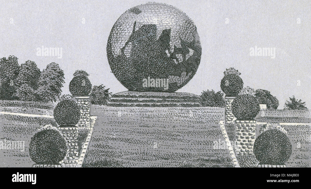 Antique c1890 monochromatic print from a souvenir album, showing the World's Fair Globe in Jackson Park in Chicago, Illinois. Printed with the Glaser/Frey lithographic process, a multi-stone lithographic process developed in Germany. Stock Photo
