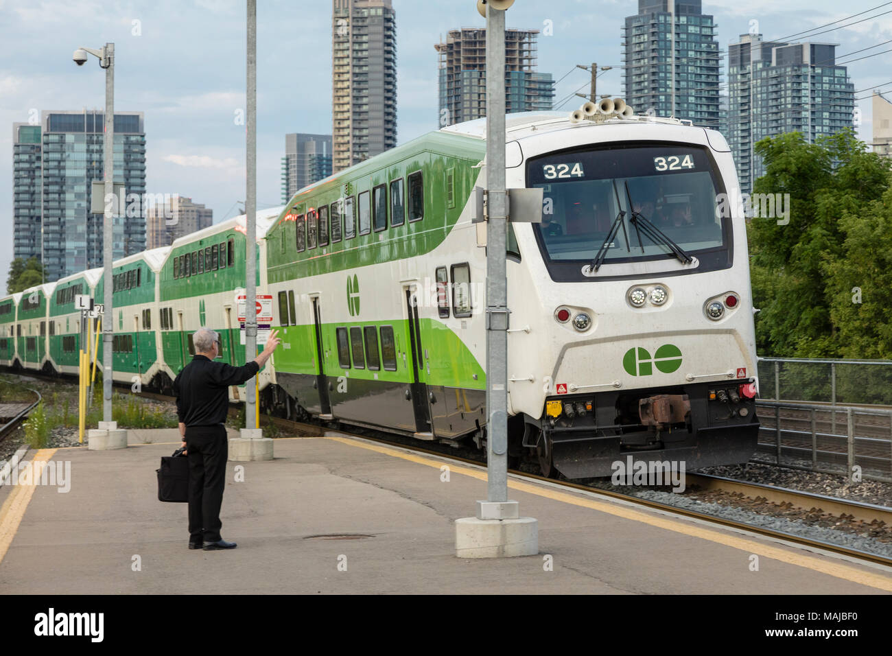 A photo of a GO train at a station in west Toronto. Stock Photo