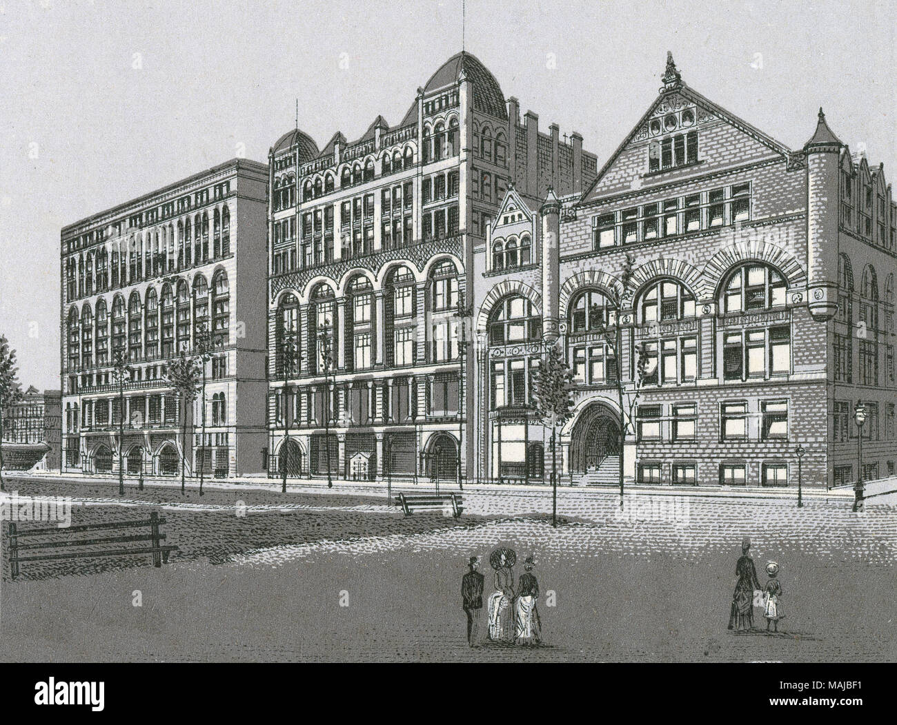 Antique c1890 monochromatic print from a souvenir album, showing the block of Michigan Avenue between Congress Street and East Van Buren Street, showing (l to r) Auditorium Building, Fine Arts Building, and The Chicago Club in Chicago, Illinois. Printed with the Glaser/Frey lithographic process, a multi-stone lithographic process developed in Germany. Stock Photo