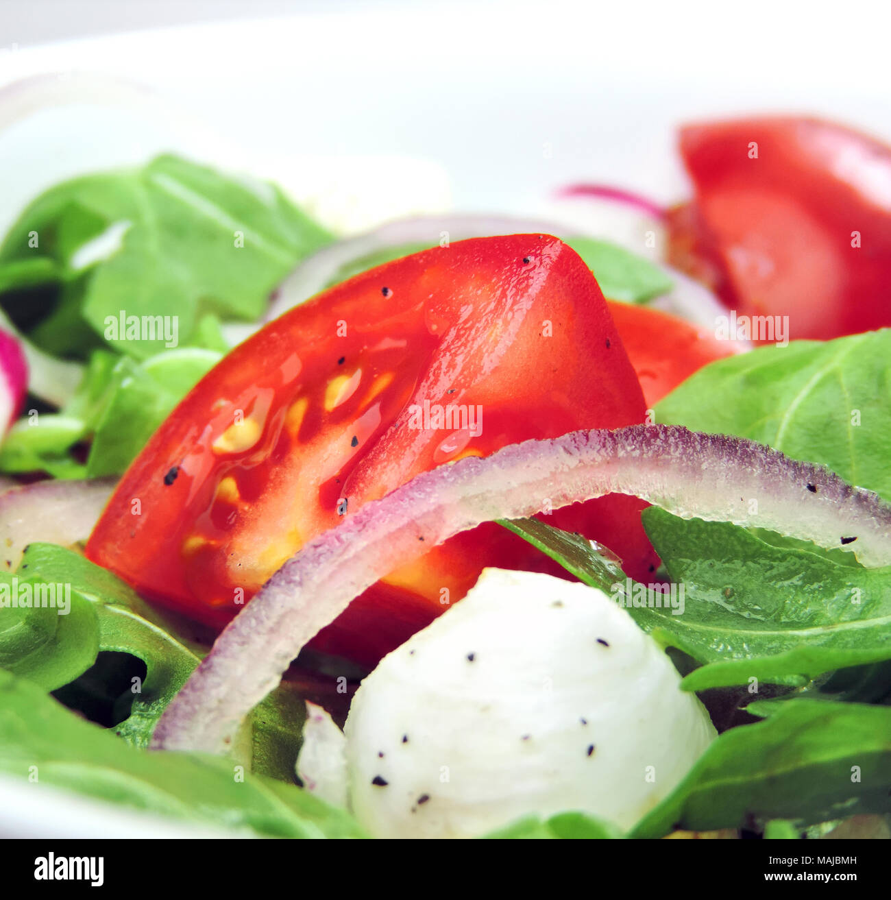 Gourmet salad or fresh Caprese salad with tomatoes, red onions, rocket and mozzarella cheese on a white plate. Close-up shot of fresh salad. Stock Photo