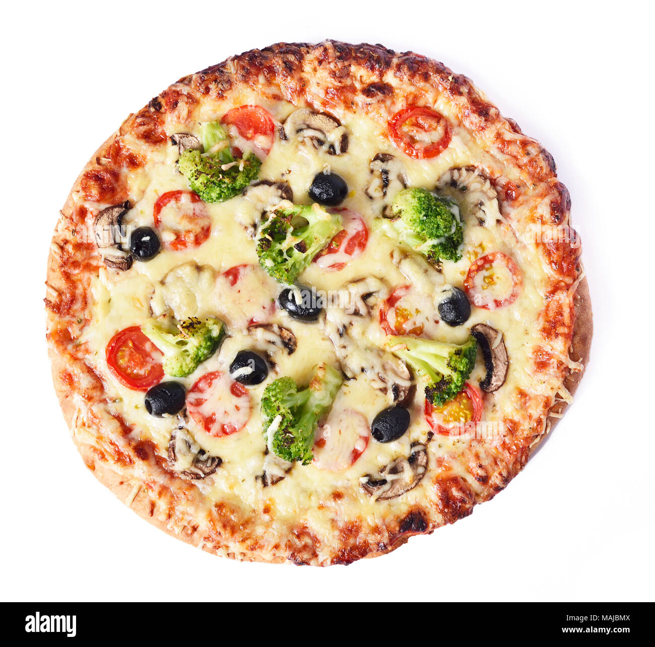 Vegetable pizza, isolated on white background.High angle view of a vegetarian pizza with mushrooms, fresh tomatoes, olives, broccoli and cheese. Stock Photo