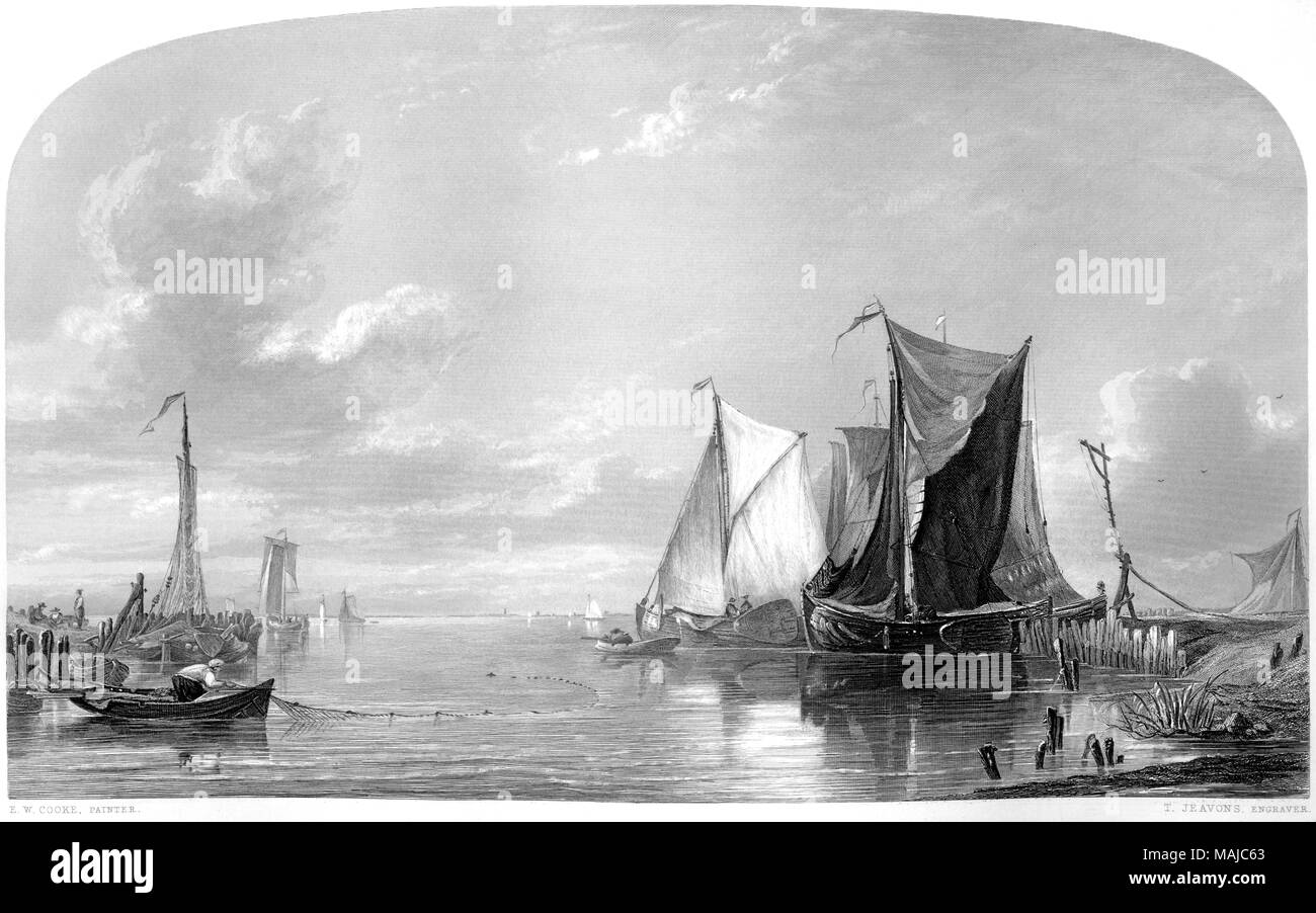 Engraving entitled Dutch Boats in a Calm from the picture by Edward William Cooke in the Vernon Gallery scanned at high resolution from a book of 1849. Stock Photo