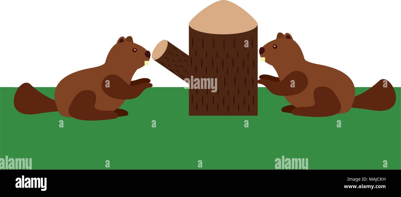 beavers with trunk tree scene vector illustration design Stock Vector