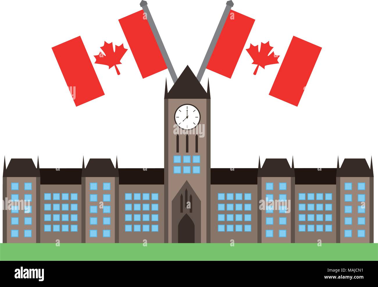 ottawa parliament building with canadian flags vector illustration desing Stock Vector