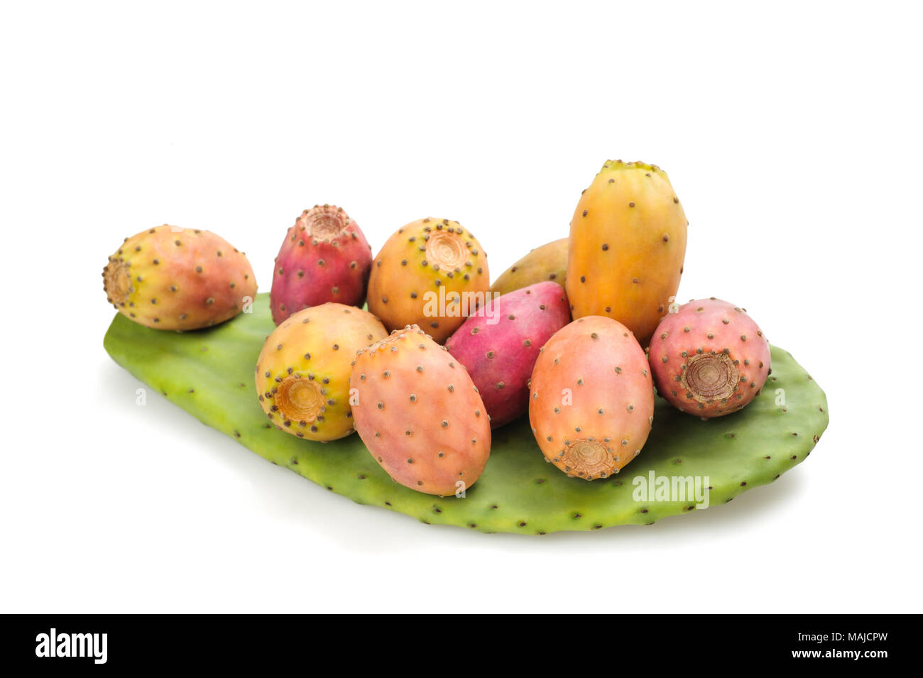 prickly pears on leaf  isolated on white background Stock Photo