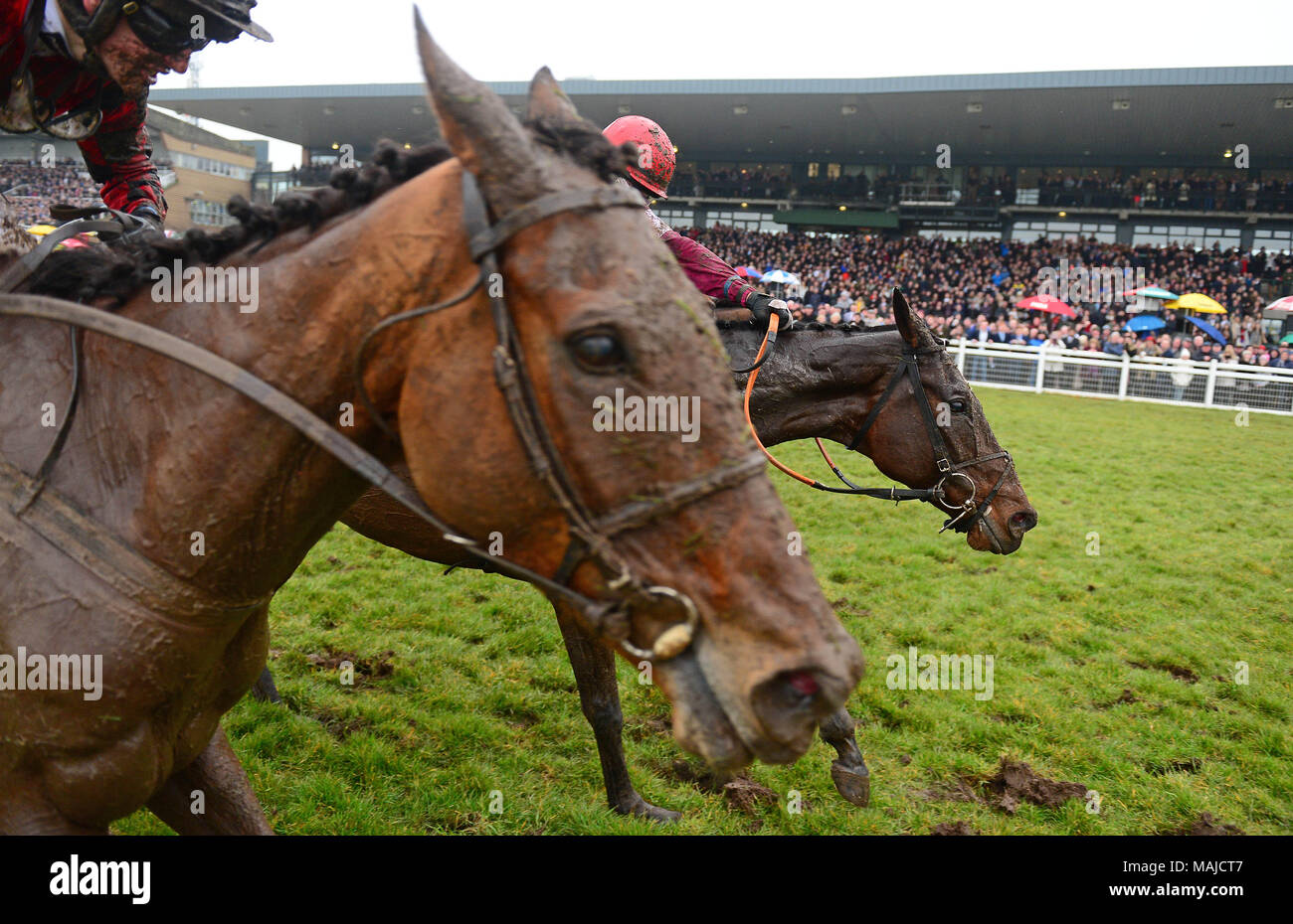 Jockey J J Slevin on board General Principle, (second left) on the way to winning the Boylesports Irish Grand National Chase, during BoyleSports Irish Grand National Day of the 2018 Easter Festival at Fairyhouse Racecourse, Ratoath, Co. Meath. Stock Photo