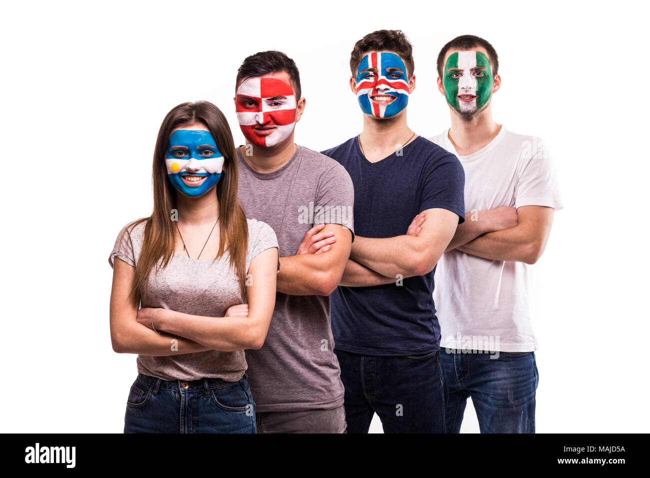 Group Of Supporter Of Argentina Croatia Iceland Nigeria National Teams Fans With Painted Face Isolated On White Stock Photo Alamy