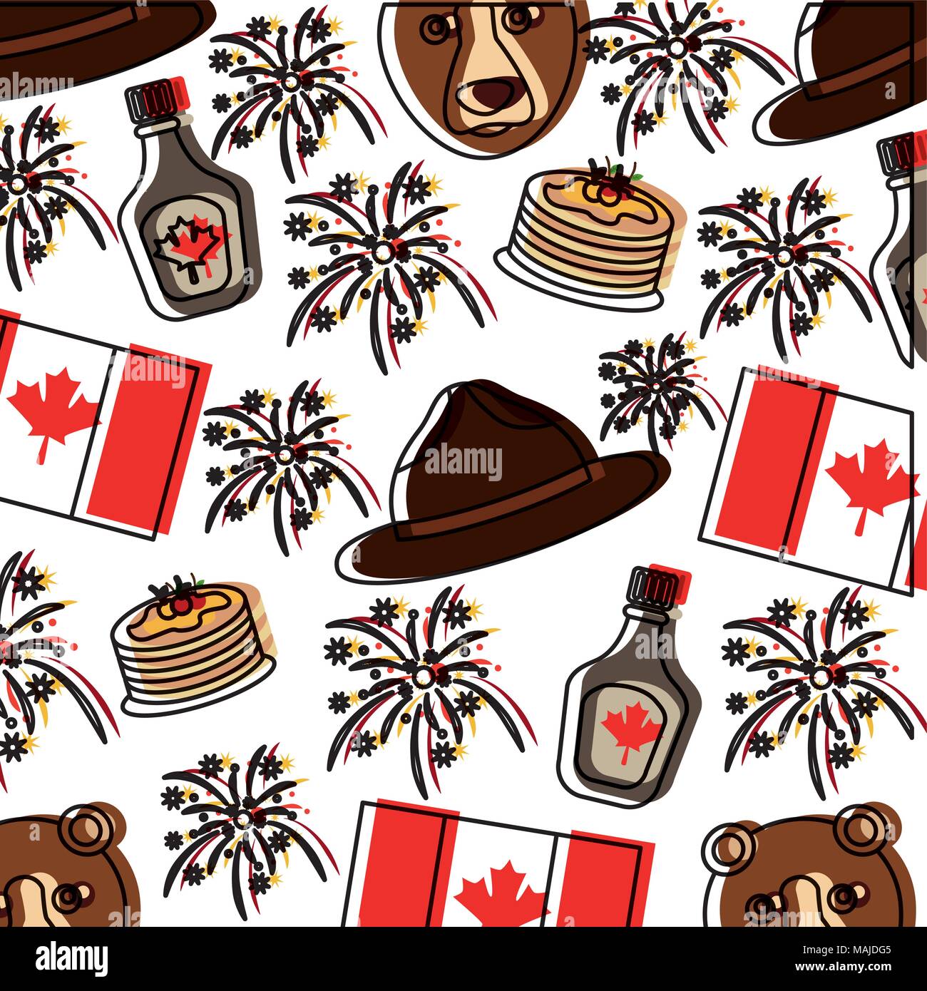 canadian flag and bear with hat pattern vector illustration design Stock Vector