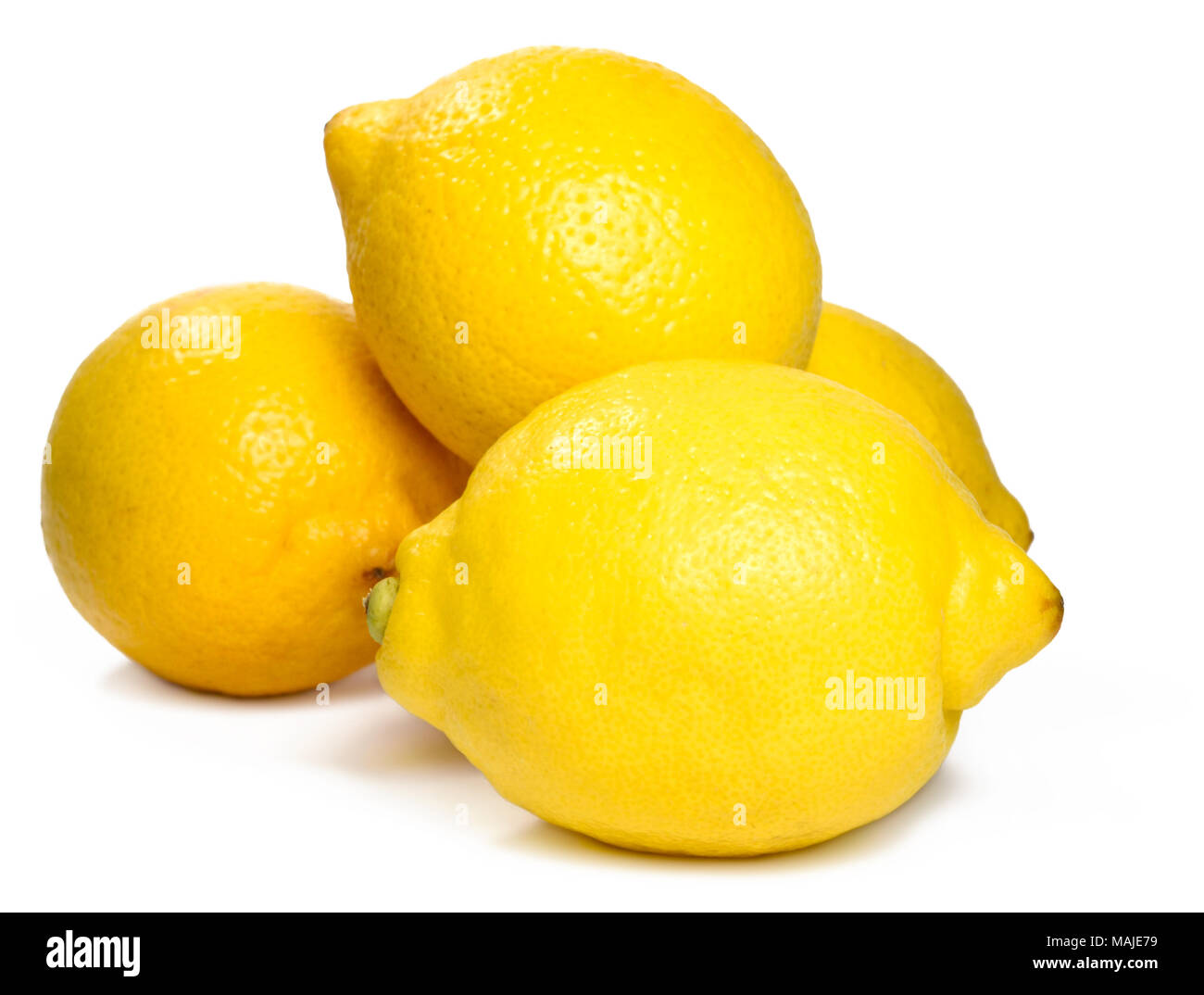 Fresh lemons, isolated on white background. Arrangement of ripe citrus fruits. Stock Photo