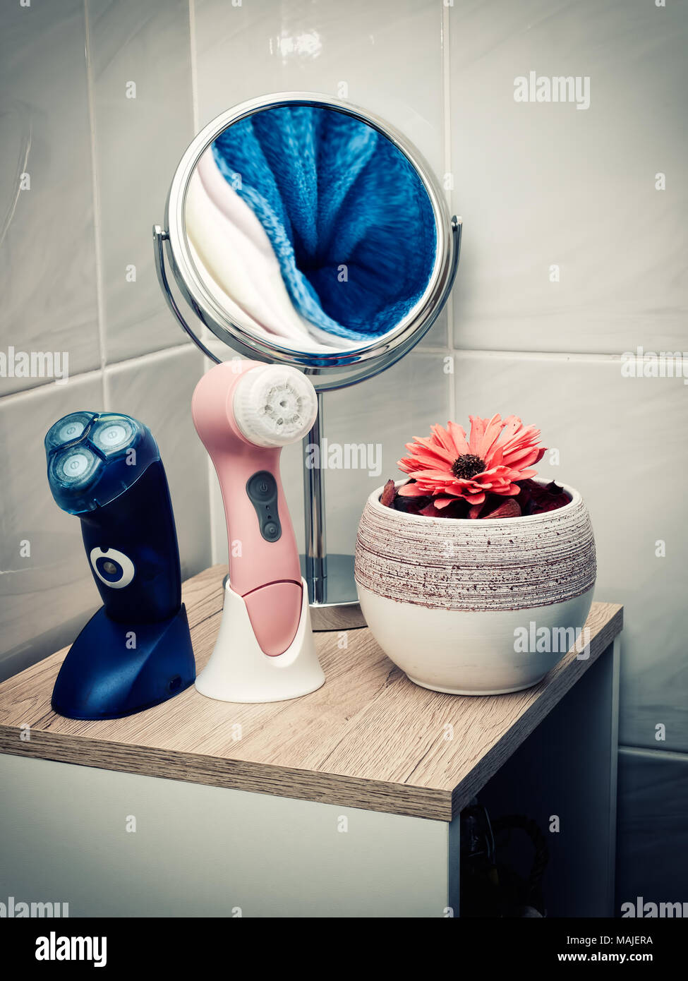 Some of usual bathroom devices for him and her. Stock Photo