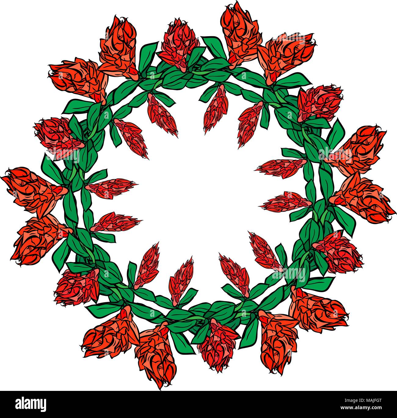 round wreath of red flowers and green leaves isolated on white ...