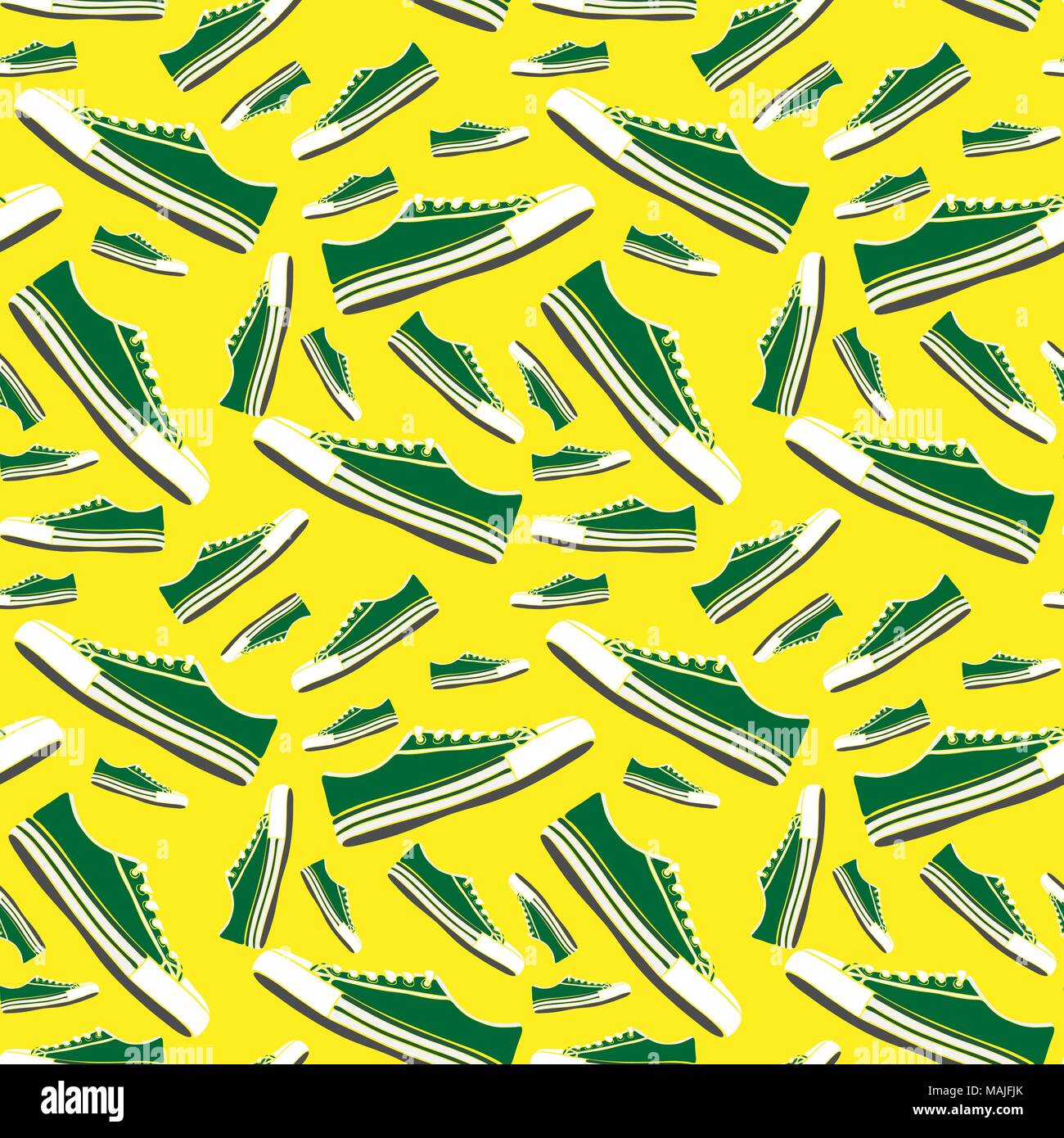 green sneakers of different sizes on a yellow background, seamless ...