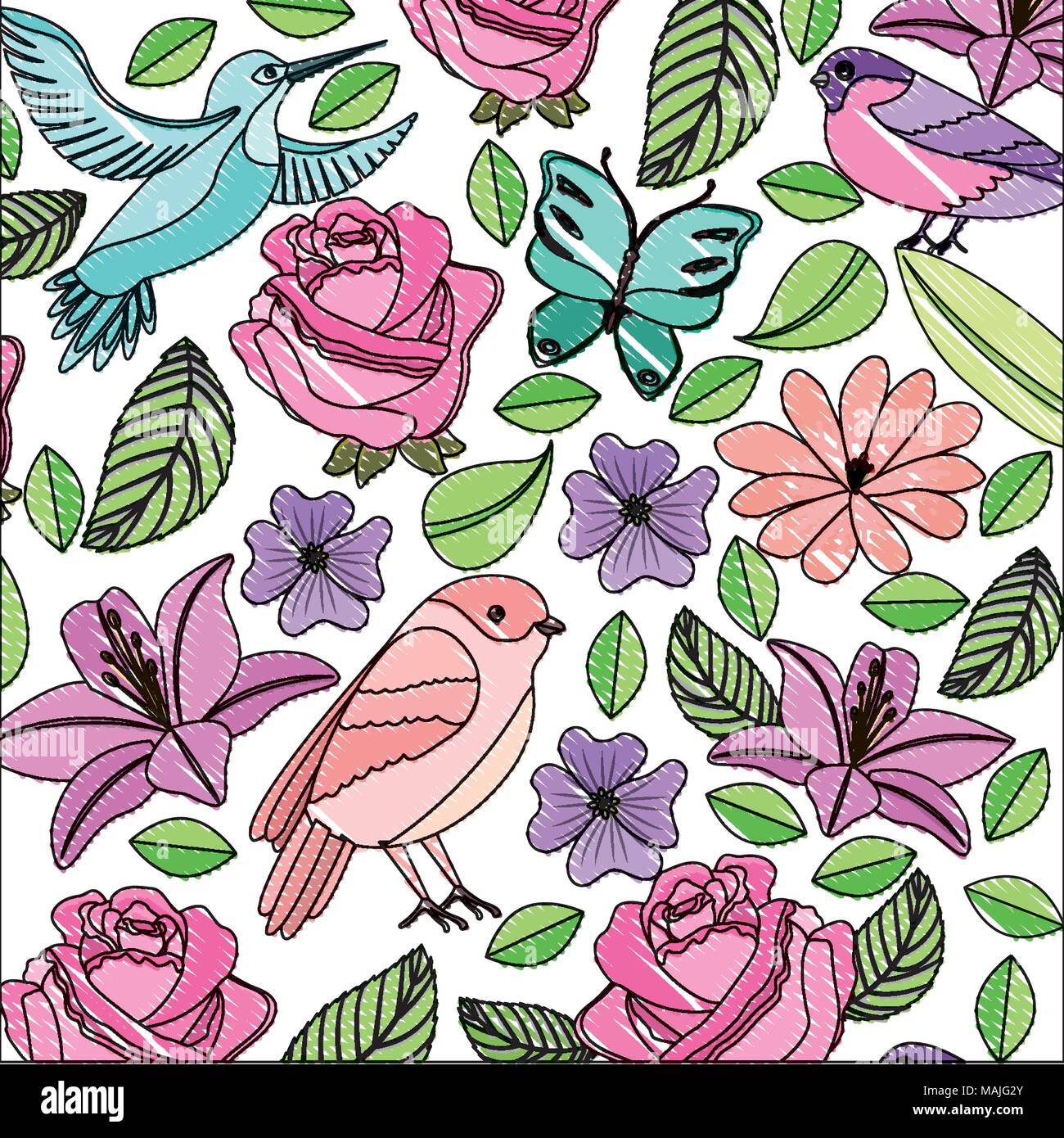 flowers with butterflies and birds pattern vector illustration design ...