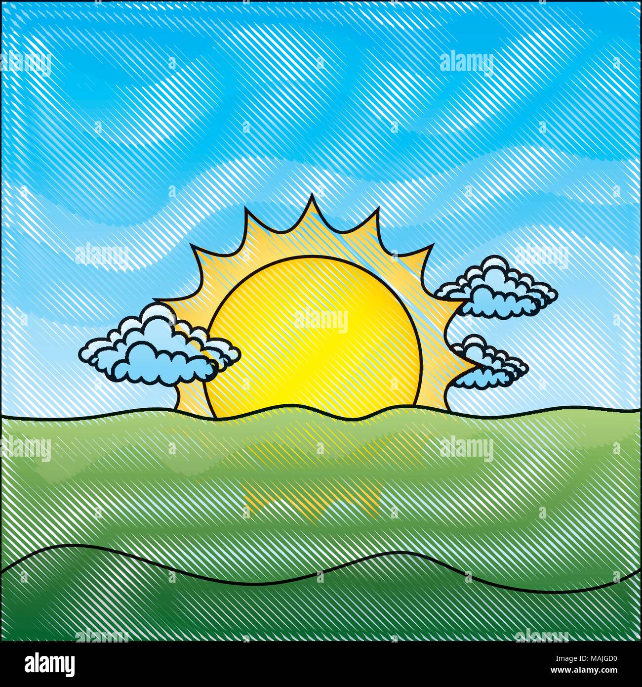 landscape sun and clouds day scene vector illustration Stock Vector ...