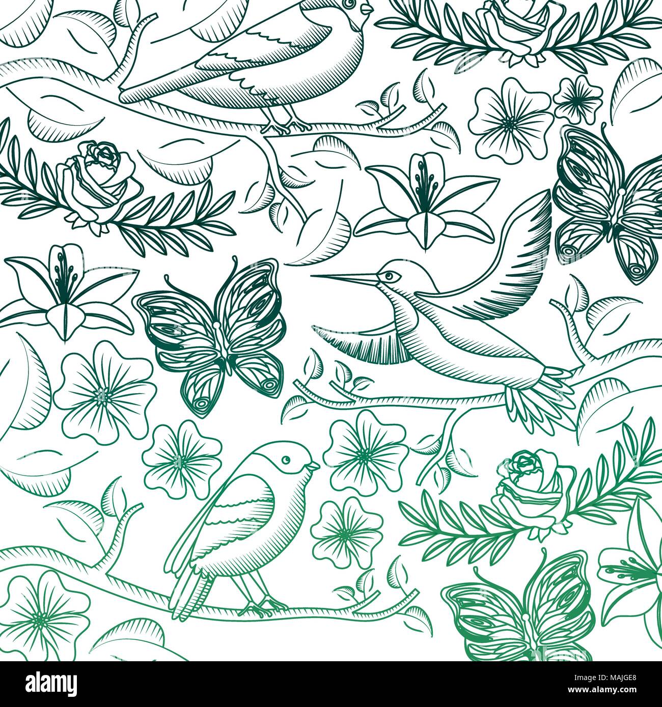 flowers with butterflies and birds pattern vector illustration design ...