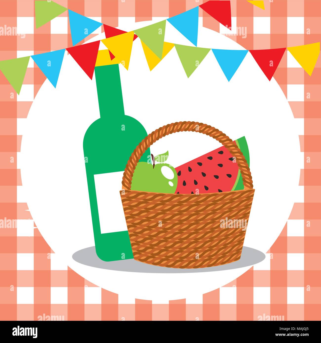 picnic wicker basket with watermelon apple and wine bottle vector ...
