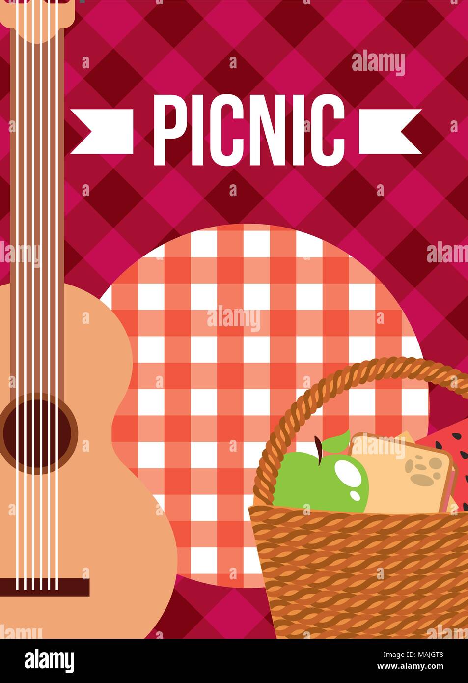 wicker basket food and guitar music picnic vector illustration Stock ...