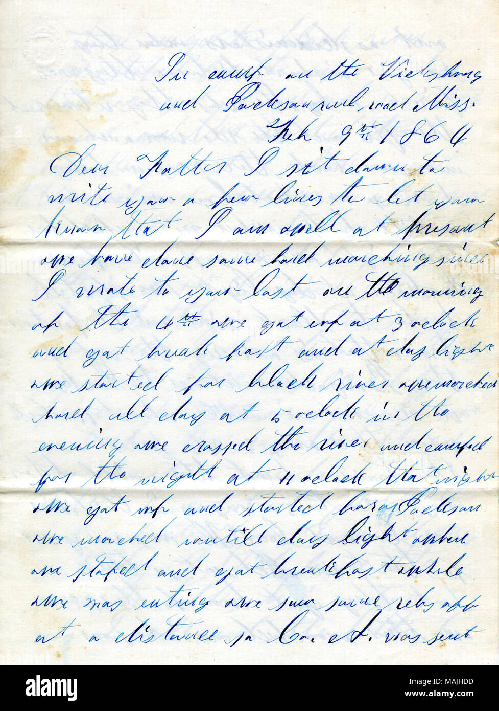 Describes marches and skirmishes taking place around Vicksburg, Mississippi.  Transcription: In camp on the Vicksburg and Jackson rail road Miss. Feb 9th 1864 Dear Father I sit down to write you a few lines to let you know that I am well at presant we have done some hard marching since I wrote to you last on the morning of the 4th we got up at 3 oclock and got break fast and at day light we started for black river we marched hard all day at 5 oclock in the evening we crossed the river and camped for the night at 11 oclock that night we got up and started for Jackson we marched untill day light Stock Photo