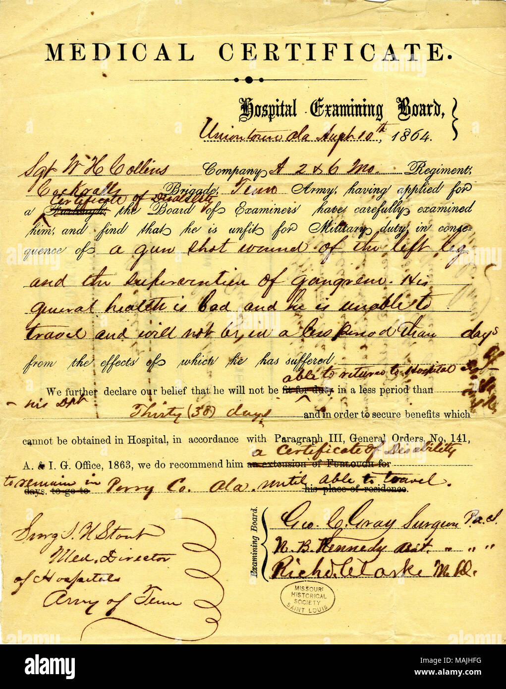 States that Collins has been examined by the Board and has been found unfit for service because of a gunshot wound in his left leg. Title: Medical certificate of Sergeant W.H. Collins, August 10, 1864  . 10 August 1864. Gray, George C. Stock Photo