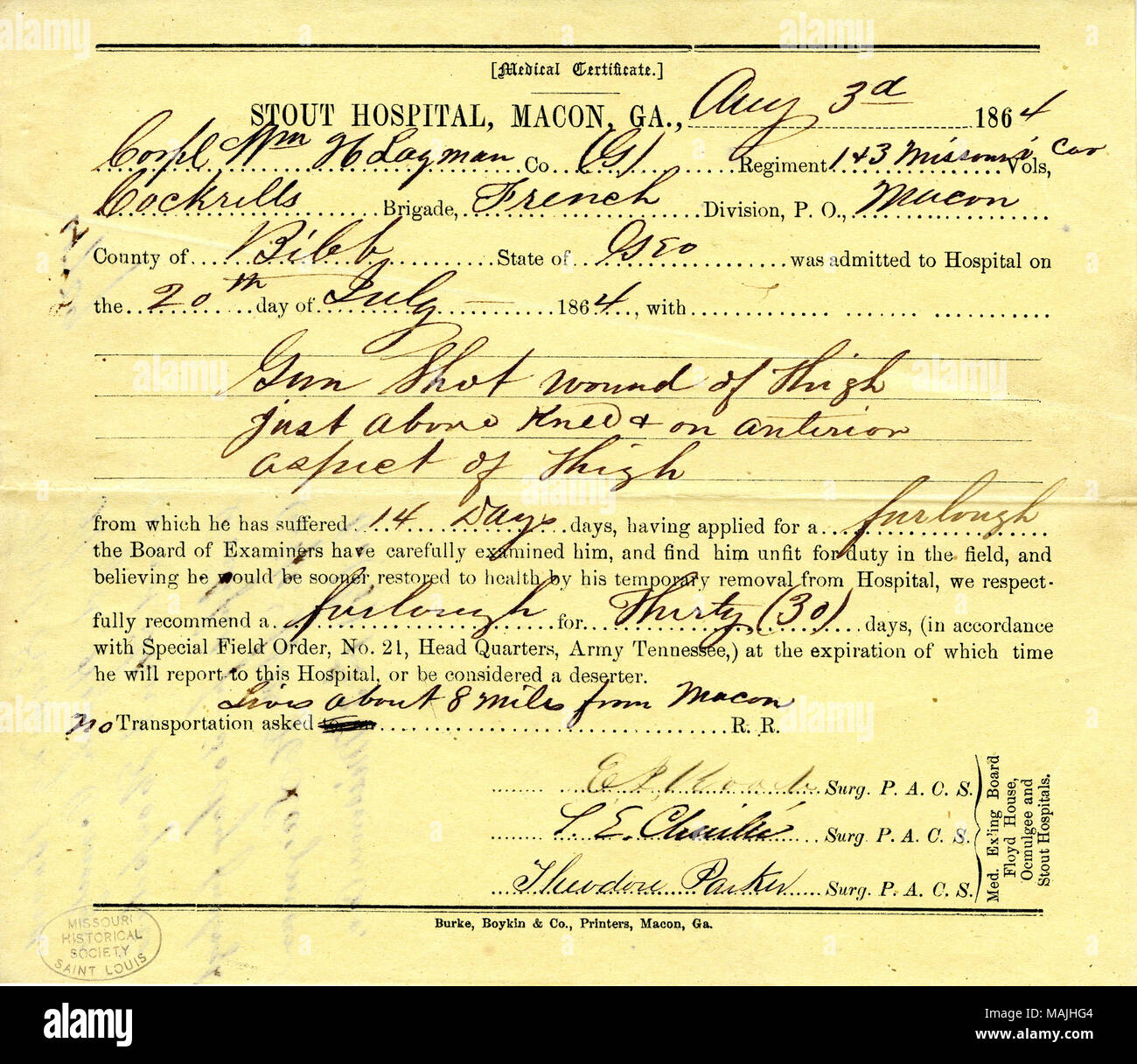 States that Lagman was admitted to Stout Hospital at Macon, Georgia, on July 20, 1864, with a gunshot wound on his thigh. Title: Medical certificate of William H. Lagman, August 3, 1864  . 3 August 1864. Parker, Theodore Stock Photo