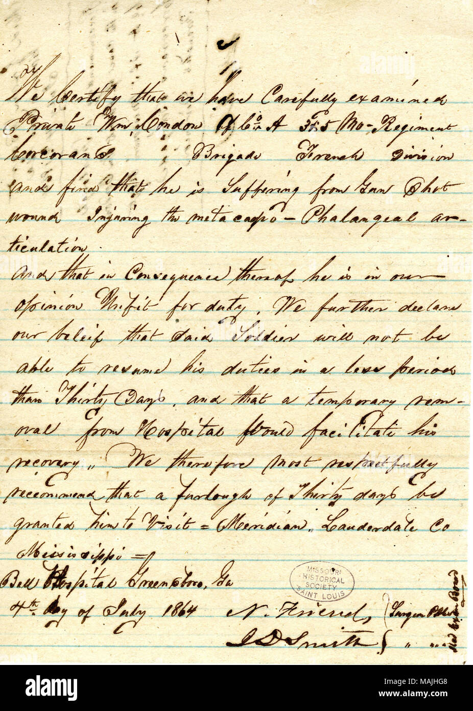 States that Condon has been examined and was declared unfit for duty due to a gunshot wound. Title: Medical certificate of Private William Condon, July 4, 1864  . 4 July 1864. Friend, N. Stock Photo