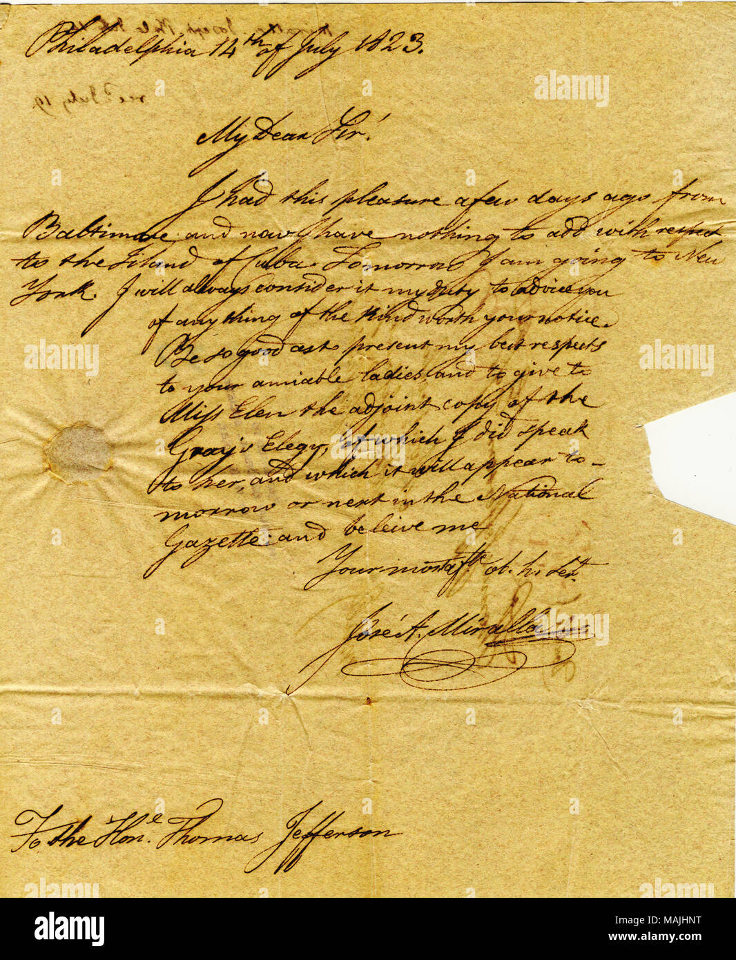 Sends a copy of Gray's Elegy in Spanish for Miss Ellen. The letter is written on the inside page of a printed elegy titled 'Traduccion.' (3 pages) Title: Letter signed Jose Antonio Miralla, Philadelphia, to Thomas Jefferson, July 14, 1823  . 14 July 1823. Miralla, Jose Antonio Stock Photo