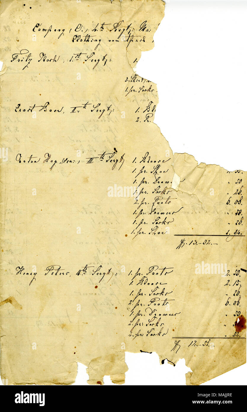 Title: Records of clothing and supplies issued to soldiers in Company C of the 4th Missouri Infantry, 1861-1863  . between 1861 and 1863. Stock Photo