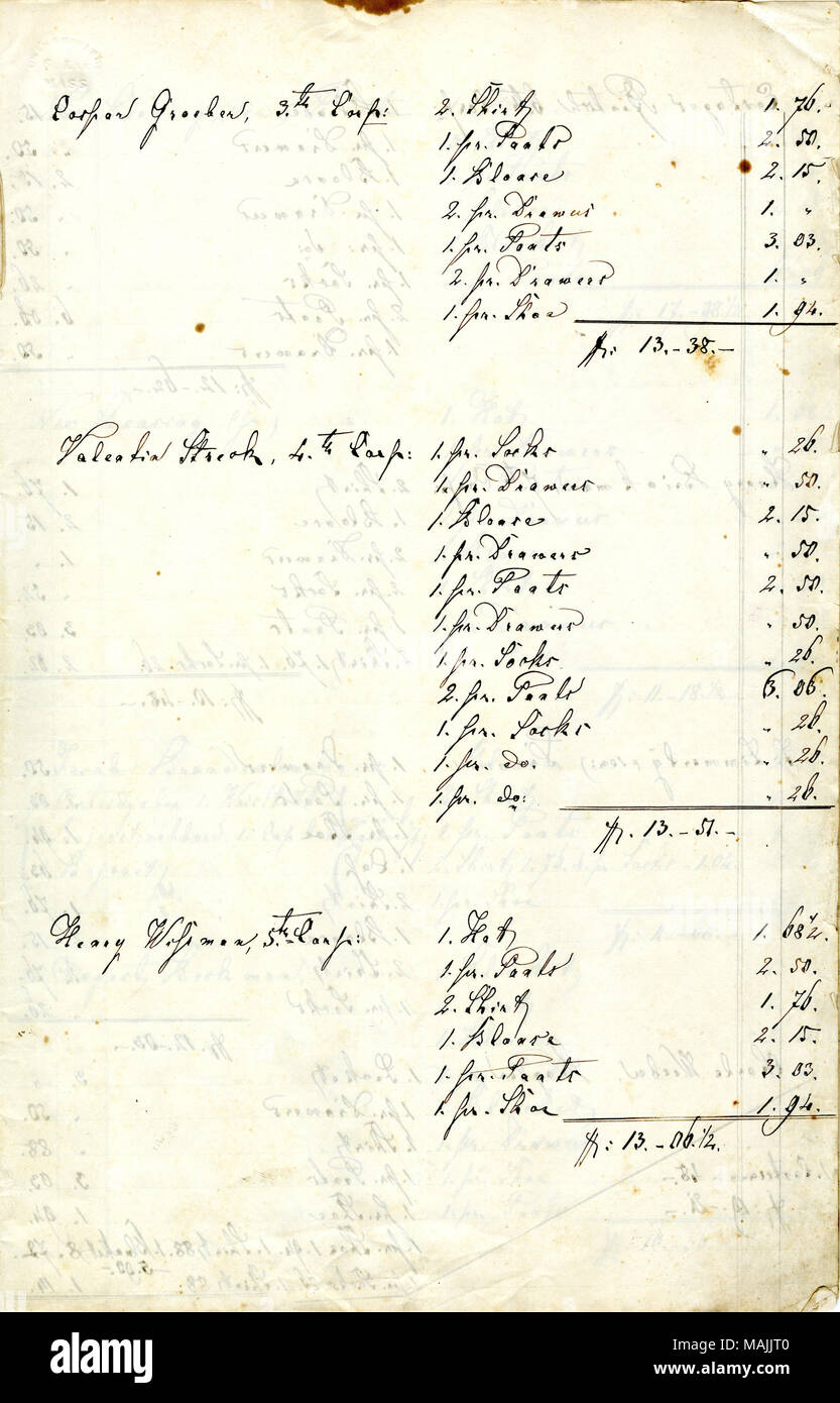 List clothing issued to soldiers in Company C of the 4th Missouri Infantry. Title: Records of clothing and supplies, 1861-1863  . between 1861 and 1863. Stock Photo