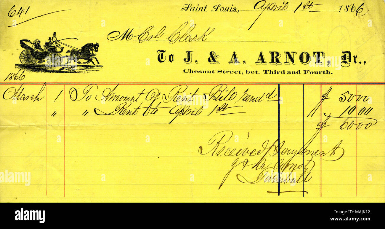 Payment for rent through April 1. Title: Receipt for payment of $60.00 received by J. and A. Arnot from the Old Guard (St. Louis, Mo.), April 1, 1866  . 1 April 1866. J. and A. Arnot Stock Photo