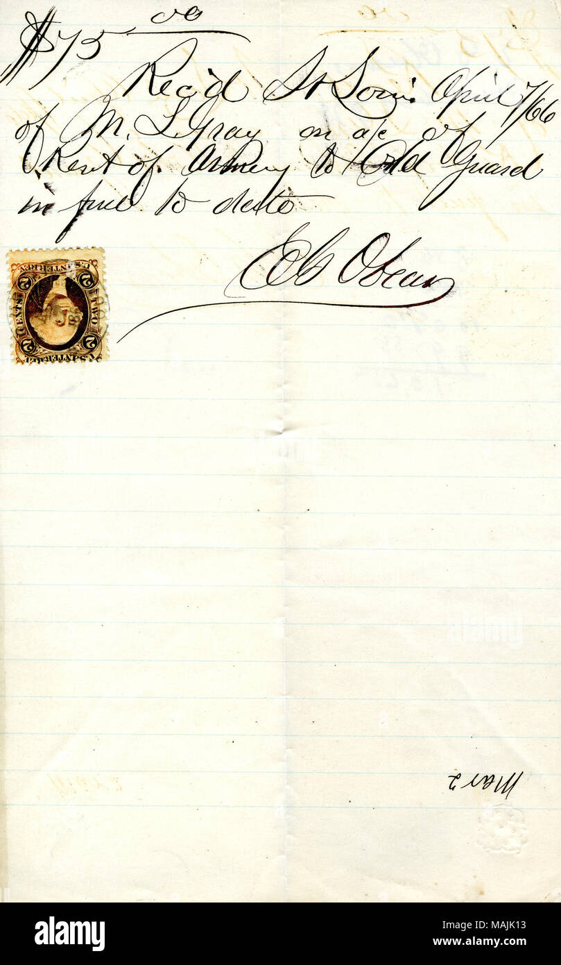 Payment for rent of armory. Title: Receipt for payment of $75.00 received by E.G. Obears from M.L. Gray of the Old Guard (St. Louis, Mo.), April 7, 1866  . 7 April 1866. Obears, E. G. Stock Photo