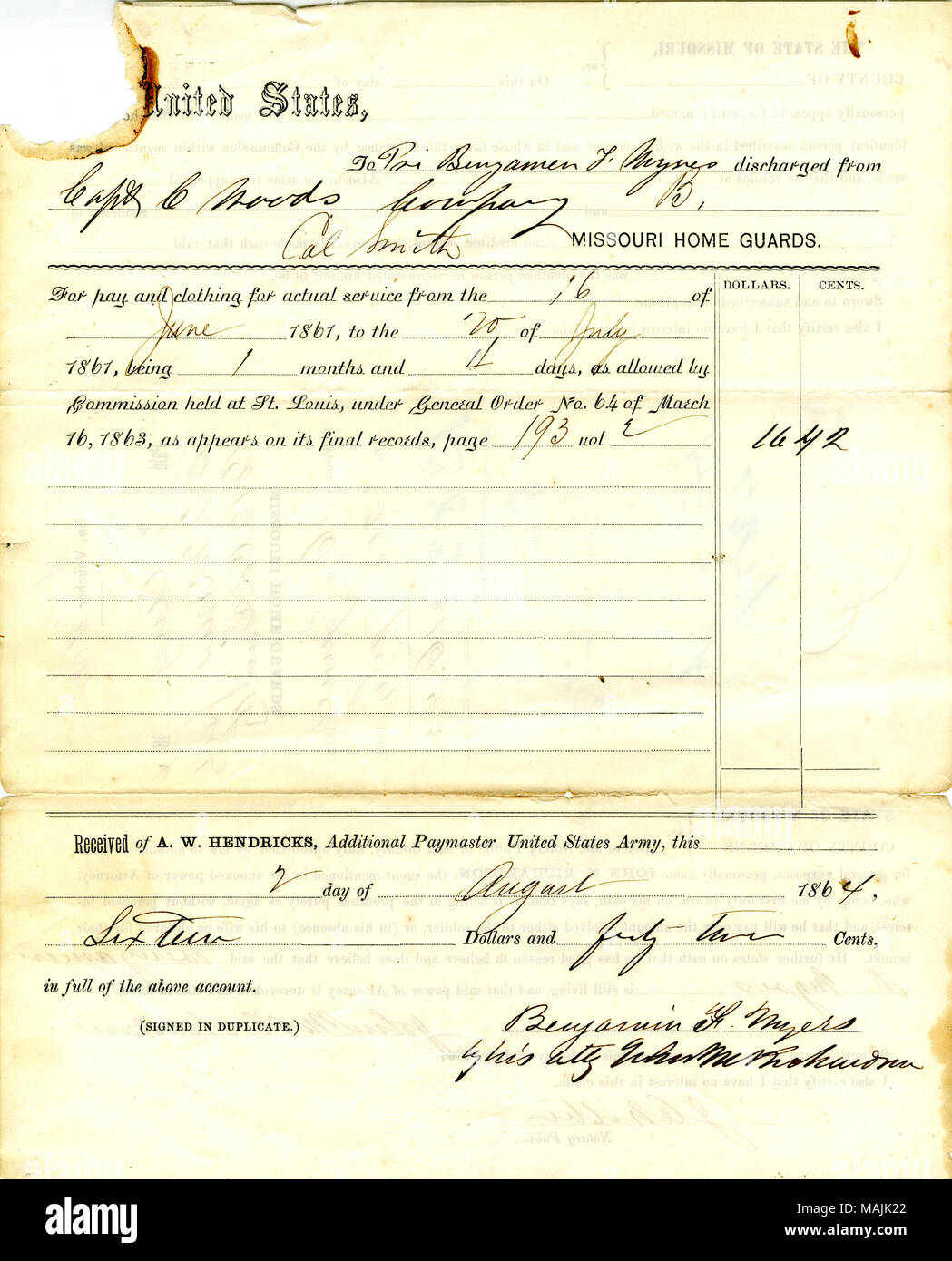 Given to Private Myers upon his discharge from Captain C. Wood's Company of the Missouri Home Guards. Title: Voucher for pay and clothing for Benjamin F. Myers, August 2, 1864  . 2 August 1864. Richardson, John M. Stock Photo
