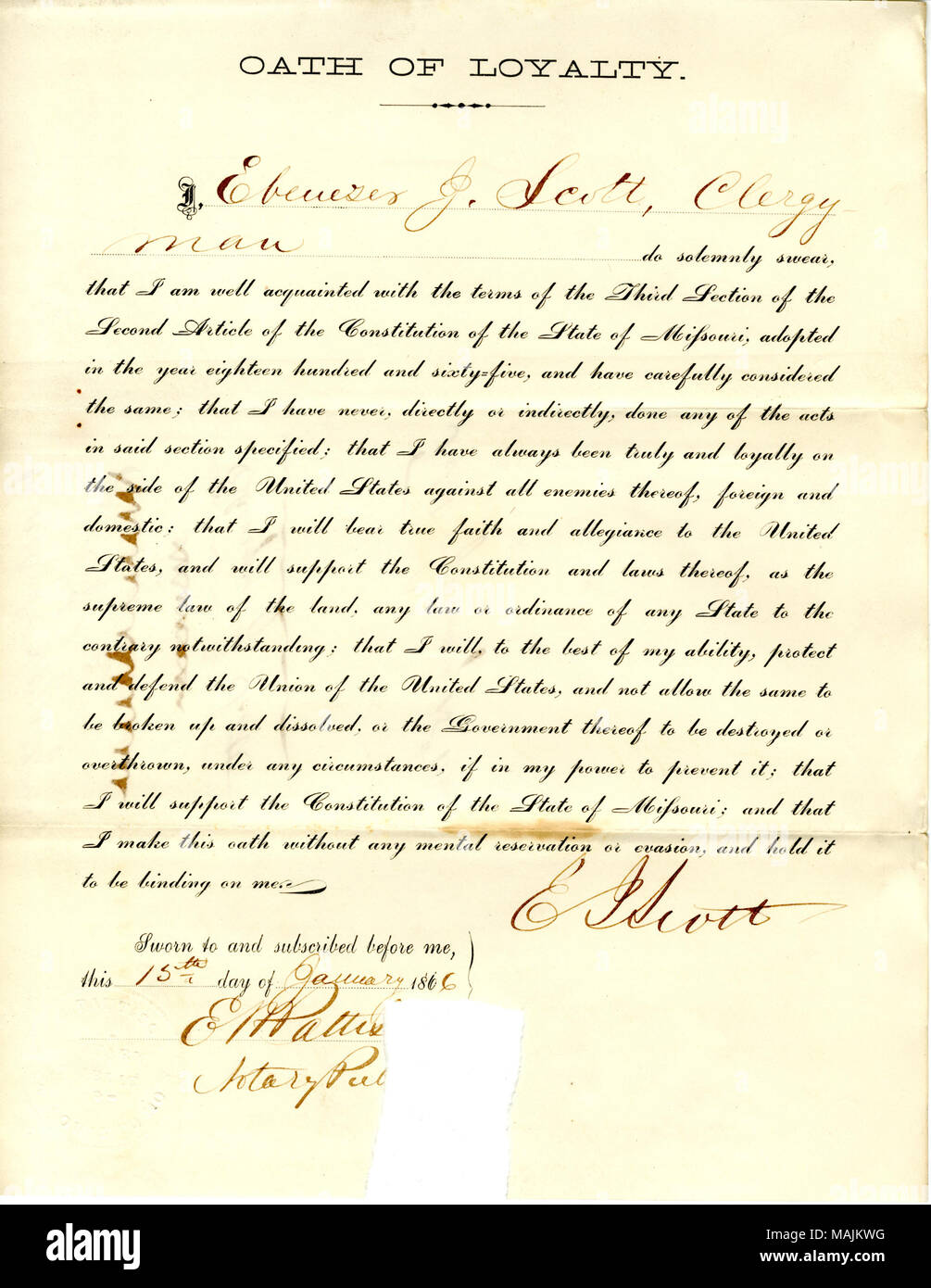 Swears oath of allegiance to the Government of the United States and the State of Missouri. Title: Loyalty oath of Ebenezer J. Scott of Missouri, County of St. Louis  . 15 January 1866. Scott, E. Stock Photo