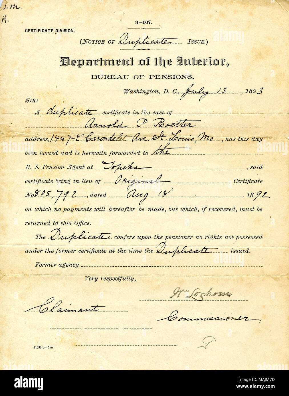 States that a duplicate certificate for Roetter's pension case has been issued and forwarded to the U.S. Pension Agent at Topeka. Title: Printed letter of William Lochsen, Department of the Interior, Bureau of Pensions, Washington, D.C., to Arthur P. Roetter, Carondelet Ave., St. Louis, Mo., July 13, 1893  . 13 July 1893. Lochsen, William Stock Photo